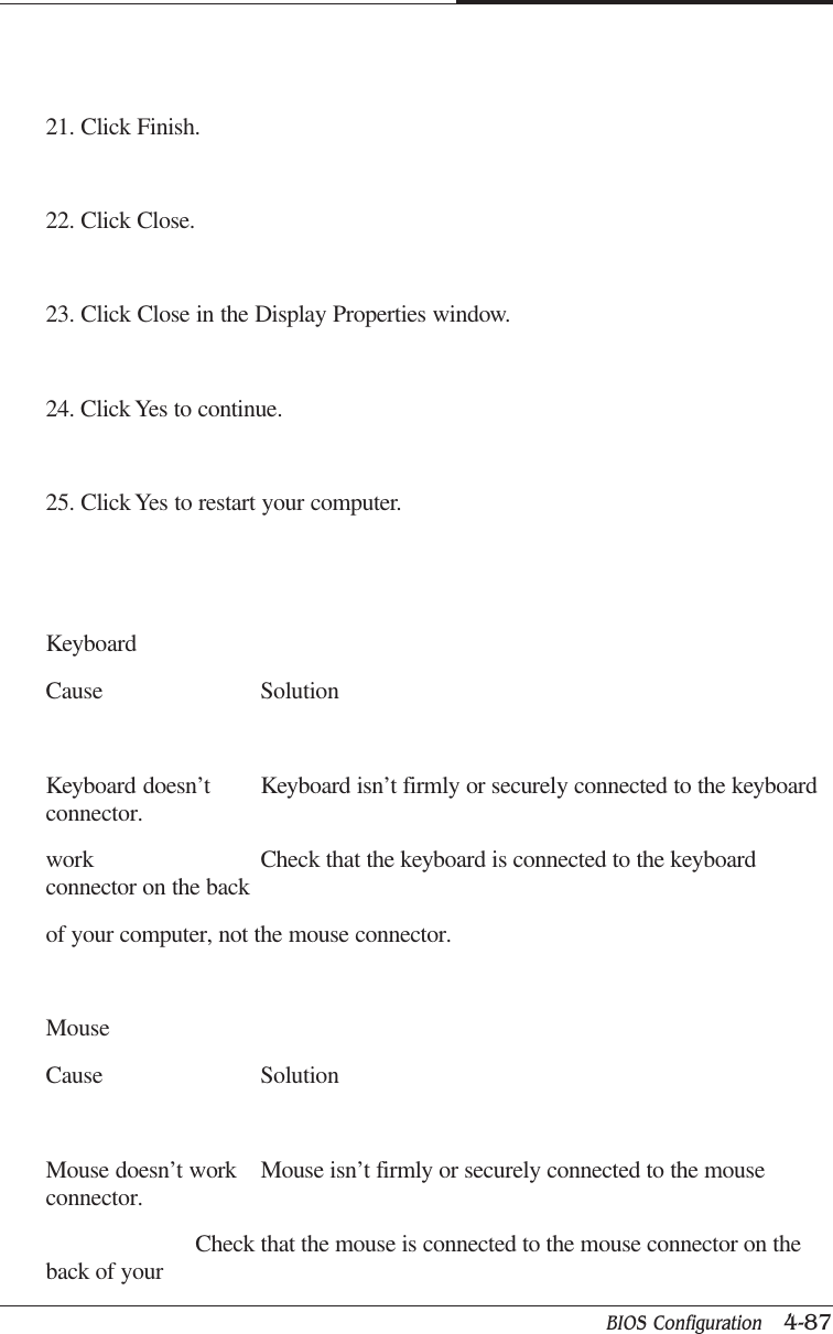 BIOS Configuration   4-87CAPTUER 421. Click Finish.22. Click Close.23. Click Close in the Display Properties window.24. Click Yes to continue.25. Click Yes to restart your computer.KeyboardCause SolutionKeyboard doesn’t Keyboard isn’t firmly or securely connected to the keyboardconnector.work Check that the keyboard is connected to the keyboardconnector on the backof your computer, not the mouse connector.MouseCause SolutionMouse doesn’t work Mouse isn’t firmly or securely connected to the mouseconnector.Check that the mouse is connected to the mouse connector on theback of your