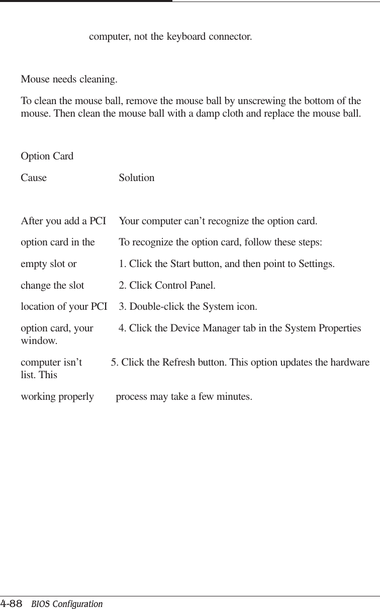 CAPTUER 44-88   BIOS Configurationcomputer, not the keyboard connector.Mouse needs cleaning.To clean the mouse ball, remove the mouse ball by unscrewing the bottom of themouse. Then clean the mouse ball with a damp cloth and replace the mouse ball.Option CardCause SolutionAfter you add a PCI Your computer can’t recognize the option card.option card in the To recognize the option card, follow these steps:empty slot or 1. Click the Start button, and then point to Settings.change the slot 2. Click Control Panel.location of your PCI 3. Double-click the System icon.option card, your 4. Click the Device Manager tab in the System Propertieswindow.computer isn’t         5. Click the Refresh button. This option updates the hardwarelist. Thisworking properly        process may take a few minutes.