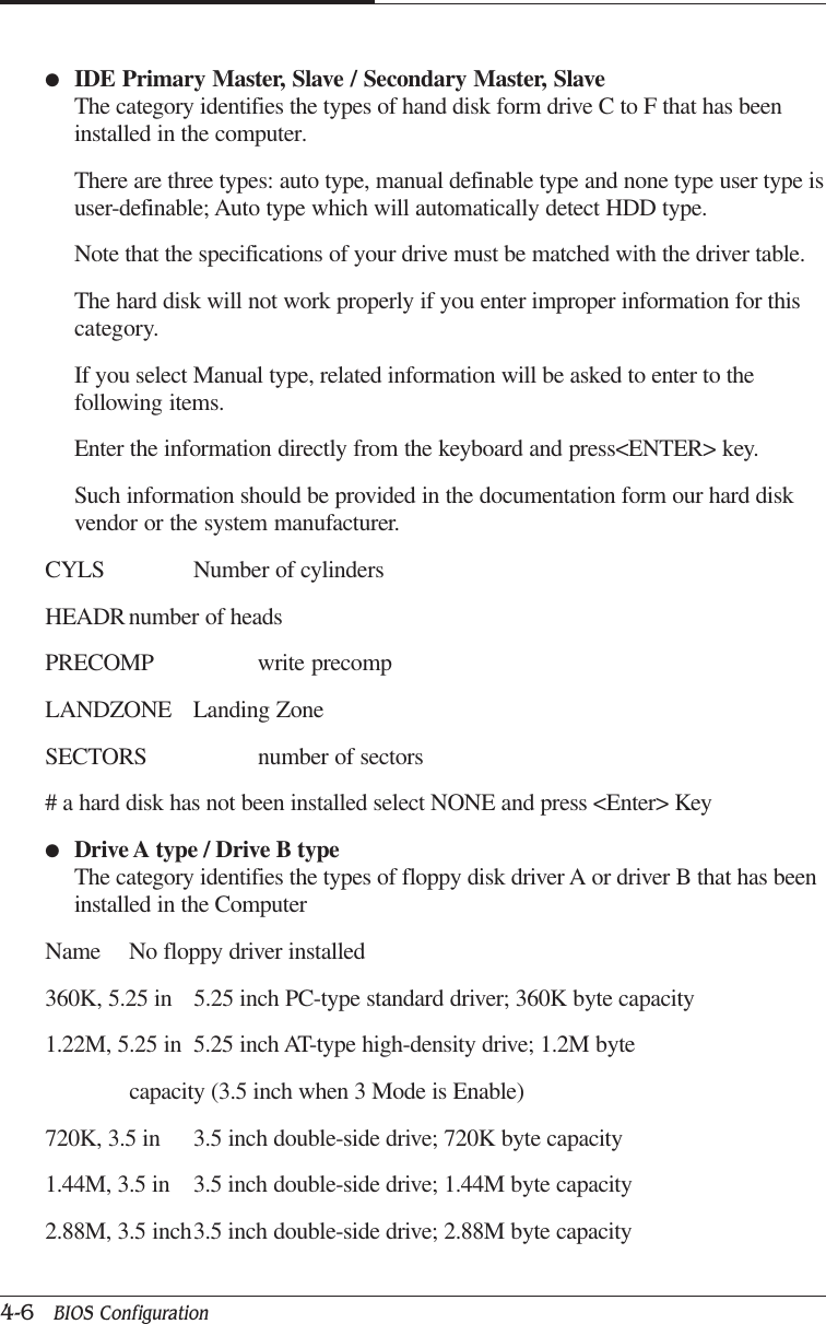 CAPTUER 44-6   BIOS Configuration●IDE Primary Master, Slave / Secondary Master, SlaveThe category identifies the types of hand disk form drive C to F that has beeninstalled in the computer.There are three types: auto type, manual definable type and none type user type isuser-definable; Auto type which will automatically detect HDD type.Note that the specifications of your drive must be matched with the driver table.The hard disk will not work properly if you enter improper information for thiscategory.If you select Manual type, related information will be asked to enter to thefollowing items.Enter the information directly from the keyboard and press&lt;ENTER&gt; key.Such information should be provided in the documentation form our hard diskvendor or the system manufacturer.CYLS Number of cylindersHEADRnumber of headsPRECOMP write precompLANDZONE Landing ZoneSECTORS number of sectors# a hard disk has not been installed select NONE and press &lt;Enter&gt; Key●Drive A type / Drive B typeThe category identifies the types of floppy disk driver A or driver B that has beeninstalled in the ComputerName No floppy driver installed360K, 5.25 in 5.25 inch PC-type standard driver; 360K byte capacity1.22M, 5.25 in 5.25 inch AT-type high-density drive; 1.2M bytecapacity (3.5 inch when 3 Mode is Enable)720K, 3.5 in 3.5 inch double-side drive; 720K byte capacity1.44M, 3.5 in 3.5 inch double-side drive; 1.44M byte capacity2.88M, 3.5 inch3.5 inch double-side drive; 2.88M byte capacity