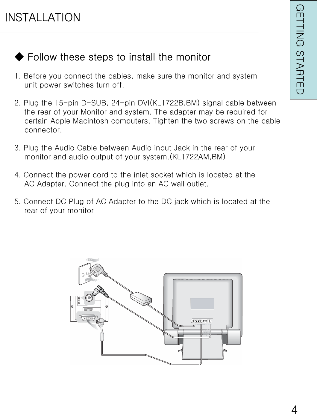 INSTALLATIONGETTING STARTED◆ Follow these steps to install the monitor1. Before you connect the cables, make sure the monitor and systemunit power switches turn off.2. Plug the 15-pin D-SUB, 24-pin DVI(KL1722B,BM) signal cable betweenthe rear of your Monitor and system. The adapter may be required for certain Apple Macintosh computers. Tighten the two screws on the cableconnector.3. Plug the Audio Cable between Audio input Jack in the rear of yourmonitor and audio output of your system.(KL1722AM,BM)4. Connect the power cord to the inlet socket which is located at theAC Adapter. Connect the plug into an AC wall outlet.5. Connect DC Plug of AC Adapter to the DC jack which is located at the rear of your monitor4