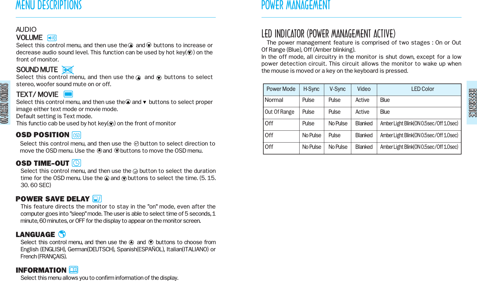 ON-SCREEN CONTROLSON-SCREEN CONTROLSMENU DESCRIPTIONS POWER MANAGEMENTLED INDICATOR (POWER MANAGEMENT ACTIVE)The power management feature is comprised of two stages : On or Out Of Range (Blue), Off (Amber blinking).In the off mode, all circuitry in the monitor is shut down, except for a lowpower detection circuit. This circuit allows the monitor to wake up when the mouse is moved or a key on the keyboard is pressed.Power ModeNormalOut Of RangeOffOffOffPulsePulsePulseNo PulseNo PulsePulsePulseNo PulsePulseNo PulseActiveActiveBlankedBlankedBlankedBlueBlueAmber Light Blink(ON 0.5sec/Off 1.0sec)Amber Light Blink(ON 0.5sec/Off 1.0sec)Amber Light Blink(ON 0.5sec/Off 1.0sec)H-Sync V-Sync Video LED ColorREFERENCEREFERENCEON-SCREEN CONTROLSON-SCREEN CONTROLSOSD POSITIONSelect this control menu, and then use the     button to select direction tomove the OSD menu. Use the      and      buttons to move the OSD menu.OSD TIME-OUTSelect this control menu, and then use the     button to select the durationtime for the OSD menu. Use the     and     buttons to select the time. (5. 15.30. 60 SEC)POWER SAVE DELAYThis feature directs the monitor to stay in the &quot;on&quot; mode, even after thecomputer goes into &quot;sleep&quot; mode. The user is able to select time of 5 seconds, 1minute, 60 minutes, or OFF for the display to appear on the monitor screen.LANGUAGESelect this control menu, and then use the and buttons to choose fromEnglish (ENGLISH), German(DEUTSCH), Spanish(ESPAÑOL), Italian(ITALIANO) orFrench (FRANÇAIS).INFORMATIONSelect this menu allows you to confirm information of the display.VVOOLLUUMMEESelect this control menu, and then use the     and     buttons to increase ordecrease audio sound level. This function can be used by hot key(    ) on thefront of monitor.SSOOUUNNDD  MMUUTTEESelect this control menu, and then use the     and     buttons to selectstereo, woofer sound mute on or off.TTEEXXTT//MMOOVVIIEESelect this control menu, and then use the and buttons to select properimage either text mode or movie mode.Default setting is Text mode.This functio cab be used by hot key(    ) on the front of monitorAUDIO