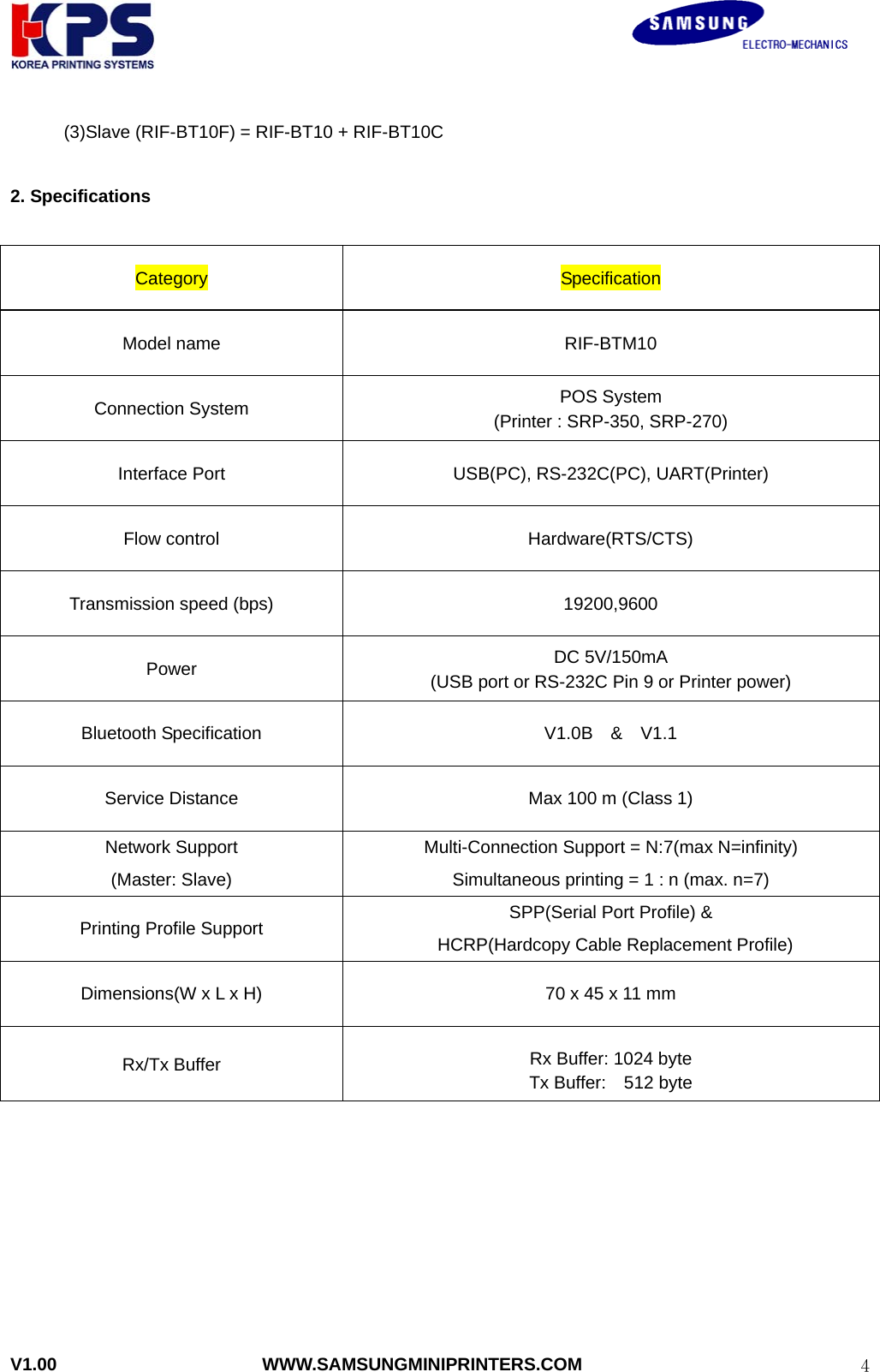                                                               V1.00                       WWW.SAMSUNGMINIPRINTERS.COM  4      (3)Slave (RIF-BT10F) = RIF-BT10 + RIF-BT10C  2. Specifications  Category  Specification Model name  RIF-BTM10 Connection System  POS System (Printer : SRP-350, SRP-270) Interface Port  USB(PC), RS-232C(PC), UART(Printer) Flow control  Hardware(RTS/CTS) Transmission speed (bps)  19200,9600 Power  DC 5V/150mA (USB port or RS-232C Pin 9 or Printer power) Bluetooth Specification  V1.0B  &amp;  V1.1 Service Distance  Max 100 m (Class 1) Network Support (Master: Slave) Multi-Connection Support = N:7(max N=infinity) Simultaneous printing = 1 : n (max. n=7) Printing Profile Support  SPP(Serial Port Profile) &amp;   HCRP(Hardcopy Cable Replacement Profile) Dimensions(W x L x H)  70 x 45 x 11 mm Rx/Tx Buffer  Rx Buffer: 1024 byte Tx Buffer:  512 byte         