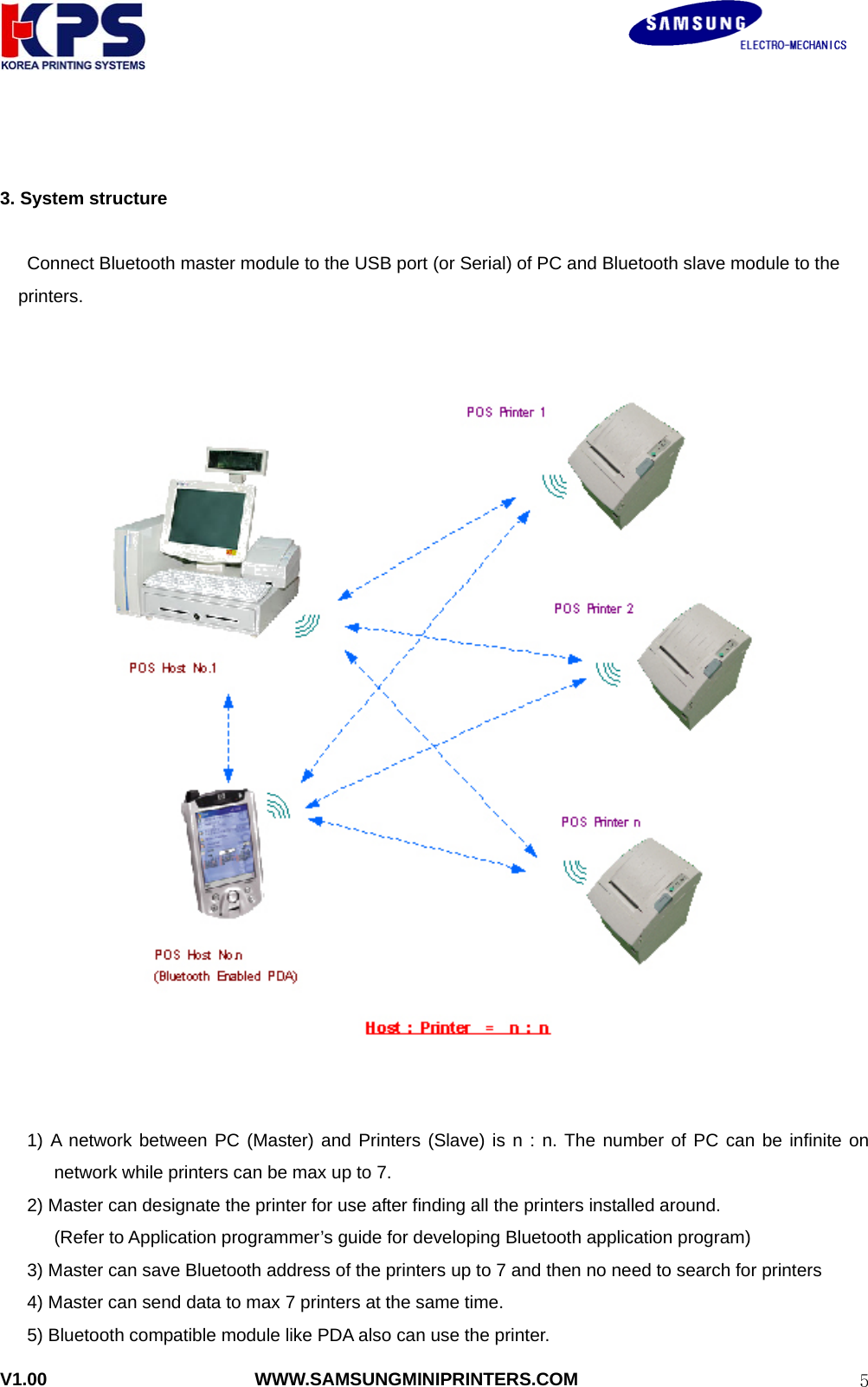                                                               V1.00                       WWW.SAMSUNGMINIPRINTERS.COM  5  3. System structure        Connect Bluetooth master module to the USB port (or Serial) of PC and Bluetooth slave module to the   printers.         1) A network between PC (Master) and Printers (Slave) is n : n. The number of PC can be infinite on network while printers can be max up to 7.   2) Master can designate the printer for use after finding all the printers installed around.       (Refer to Application programmer’s guide for developing Bluetooth application program) 3) Master can save Bluetooth address of the printers up to 7 and then no need to search for printers 4) Master can send data to max 7 printers at the same time.   5) Bluetooth compatible module like PDA also can use the printer. 