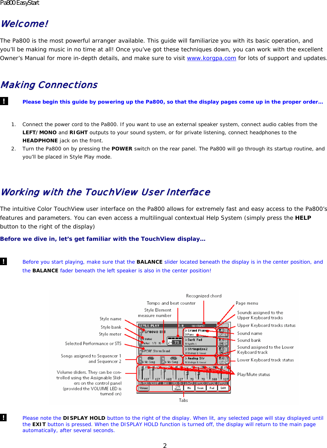 Page 2 of 9 - Korg Korg-Pa800-Users-Manual Pa800 EasyStart