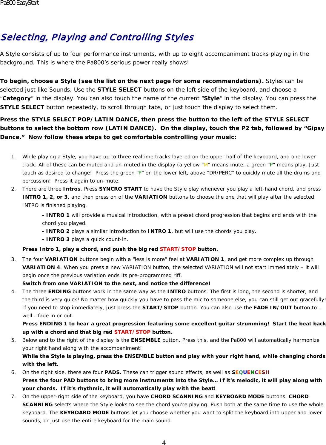Page 4 of 9 - Korg Korg-Pa800-Users-Manual Pa800 EasyStart