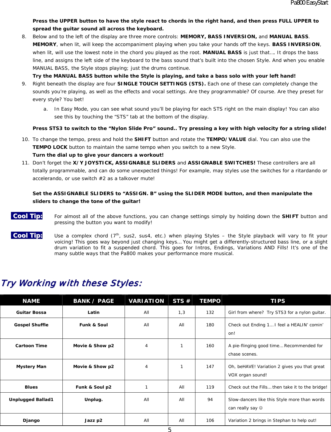 Page 5 of 9 - Korg Korg-Pa800-Users-Manual Pa800 EasyStart