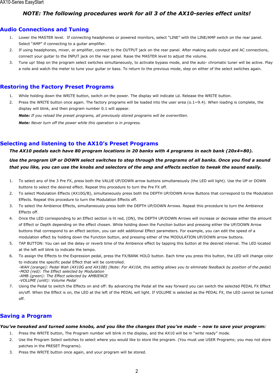 Page 2 of 2 - Korg Korg-Toneworks-Ax10G-Users-Manual- AX10-series EasyStart  Korg-toneworks-ax10g-users-manual