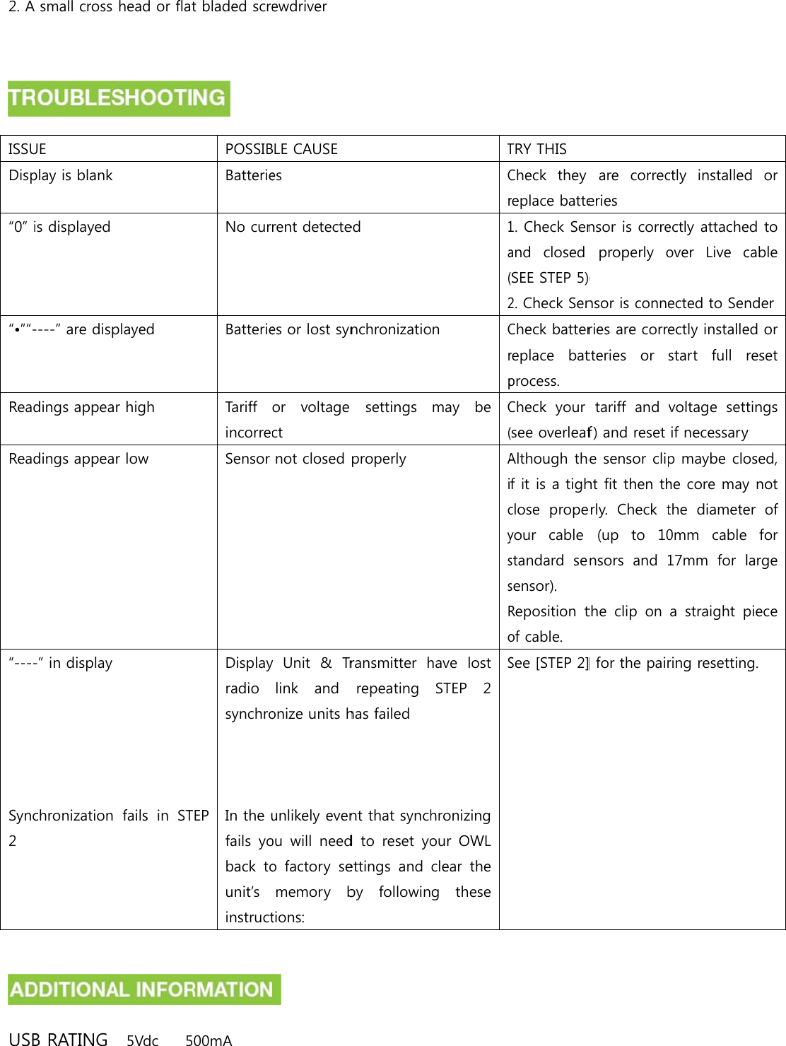2. A ISSUDisp“0” i“•”“-ReadRead“----     Sync2  USB  small cross UE play is blank is displayed ----” are dispdings appeadings appea-” in display chronization B RATING head or flatplayed ar high ar low   fails  in  ST 5Vdc   5t bladed scre POSSIBBatterieNo curBatterieTariff incorrecSensor TEP Displayradio synchro   In the ufails  yoback  tounit’s instruct00mA ewdriver BLE CAUSE es rent detectees or lost synor  voltage ct not closed y Unit &amp; Trlink  and onize units hunlikely evenou  will  needo  factory  sememory btions:  ed nchronizatiosettings properly ransmitter hrepeating has failed nt that synchd to reset yoettings  and by  followinTCr1a(2on Crpmay  be C(AicyssRohave  lost STEP  2 hronizing our  OWL clear  the g  these STRY THIS Check  they replace batte1. Check Senand  closed (SEE STEP 5)2. Check SenCheck batterreplace  batprocess. Check  your (see overleafAlthough thef it is a tighclose  propeyour  cable standard  sesensor).   Reposition tof cable. See [STEP 2]are  correceries nsor is correproperly o) nsor is connries are corrtteries  or tariff  and f) and reset e sensor cliht fit then therly.  Check t(up  to  10nsors  and the clip on ] for the pairctly  installedectly attacheover  Live cected to Senectly installestart  full rvoltage  settif necessaryp maybe clohe core maythe  diamete0mm  cable 17mm  for la  straight pring resettind  or ed to cable ndered or reset tings y osed, y not er  of for large piece g.   