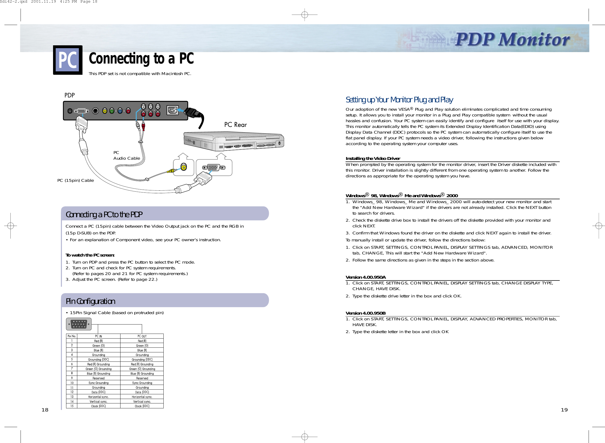 1918Connecting to a PCThis PDP set is not compatible with Macintosh PC.Power PlugConnect a PC (15pin) cable between the Video Output jack on the PC and the RGB in(15p D-SUB) on the PDP.  • For an explanation of Component video, see your PC owner’s instruction.To watch the PC screen:1. Turn on PDP and press the PC button to select the PC mode.2. Turn on PC and check for PC system requirements.(Refer to pages 20 and 21 for PC system requirements.)3. Adjust the PC screen. (Refer to page 22.)Connecting a PC to the PDP• 15Pin Signal Cable (based on protruded pin)Pin ConfigurationPC (15pin) CablePC Audio CableSetting up Your Monitor Plug and PlayOur adoption of the new VESAPlug and Play solution eliminates complicated and time consumingsetup. It allows you to install your monitor in a Plug and Play compatible system  without the usual hassles and confusion. Your PC system can easily identify and configure  itself for use with your display.This monitor automatically tells the PC system its Extended Display Identification Data(EDID) using Display Data Channel (DDC) protocols so the PC system can automatically configure itself to use the flat panel display. If your PC system needs a video driver, following the instructions given belowaccording to the operating system your computer uses. Installing the Video DriverWhen prompted by the operating system for the monitor driver, insert the Driver diskette included withthis monitor. Driver installation is slightly different from one operating system to another. Follow thedirections as appropriate for the operating system you have.Windows98, WindowsMe and Windows20001. Windows_ 98, Windows_ Me and Windows_ 2000 will auto-detect your new monitor and start the &quot;Add New Hardware Wizard&quot; if the drivers are not already installed. Click the NEXT button to search for drivers. 2. Check the diskette drive box to install the drivers off the diskette provided with your monitor and click NEXT.3. Confirm that Windows found the driver on the diskette and click NEXT again to install the driver.To manually install or update the driver, follow the directions below:1. Click on START, SETTINGS, CONTROL PANEL, DISPLAY SETTINGS tab, ADVANCED, MONITOR tab, CHANGE, This will start the &quot;Add New Hardware Wizard&quot;.2. Follow the same directions as given in the steps in the section above.Version 4.00.950A1. Click on START, SETTINGS, CONTROL PANEL, DISPLAY SETTINGS tab, CHANGE DISPLAY TYPE, CHANGE, HAVE DISK.2. Type the diskette drive letter in the box and click OK.Version 4.00.950B1. Click on START, SETTINGS, CONTROL PANEL, DISPLAY, ADVANCED PROPERTIES, MONITOR tab, HAVE DISK.2. Type the diskette letter in the box and click OKSdi42-2.qxd  2001.11.19  4:25 PM  Page 18