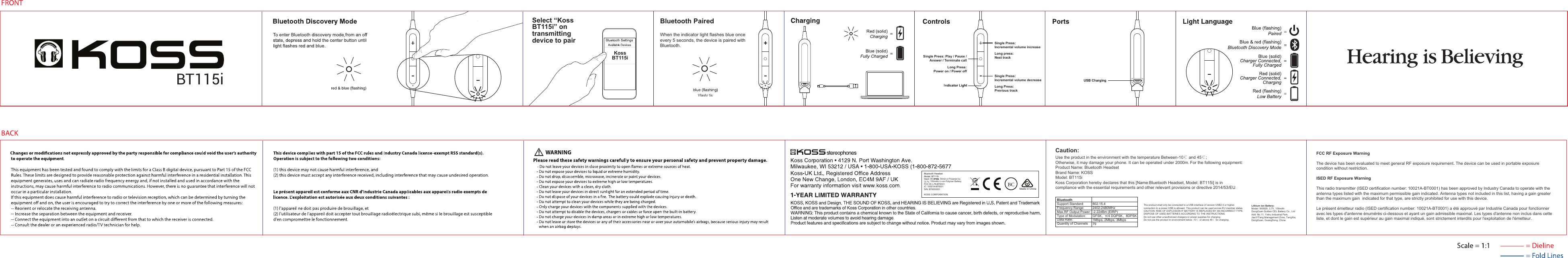 Page 1 of Koss BT0001 Bluetooth Headset User Manual BT115i Instruction Book