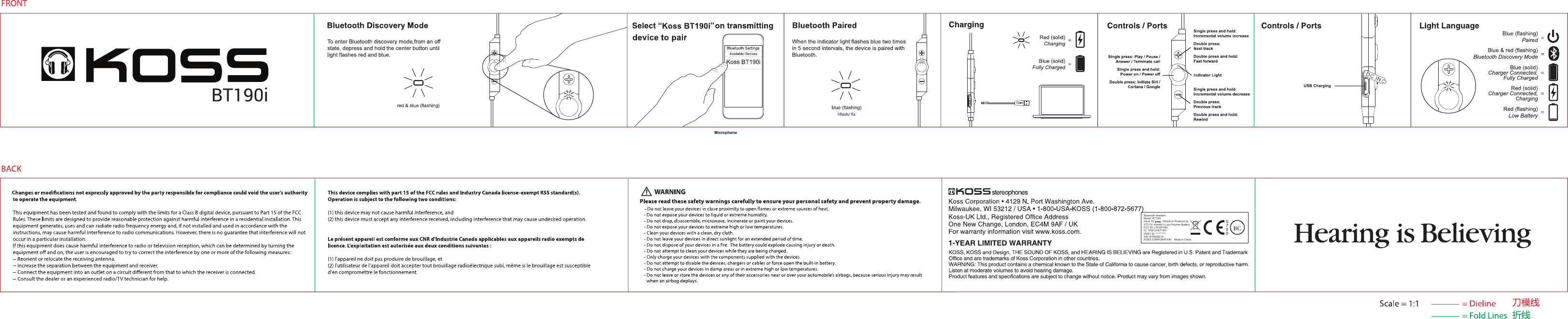 Bluetooth HeadsetModel: BT190iInput: 5V         , 150mA or Powered by2*(3.7V, 40mAh) Li-ion Polymer BatteryFCC ID: L76-BT190IIC: 10021A-BT190ICMIIT ID: **********S/N: BT000001AKOSS CORPORATION    Made in China