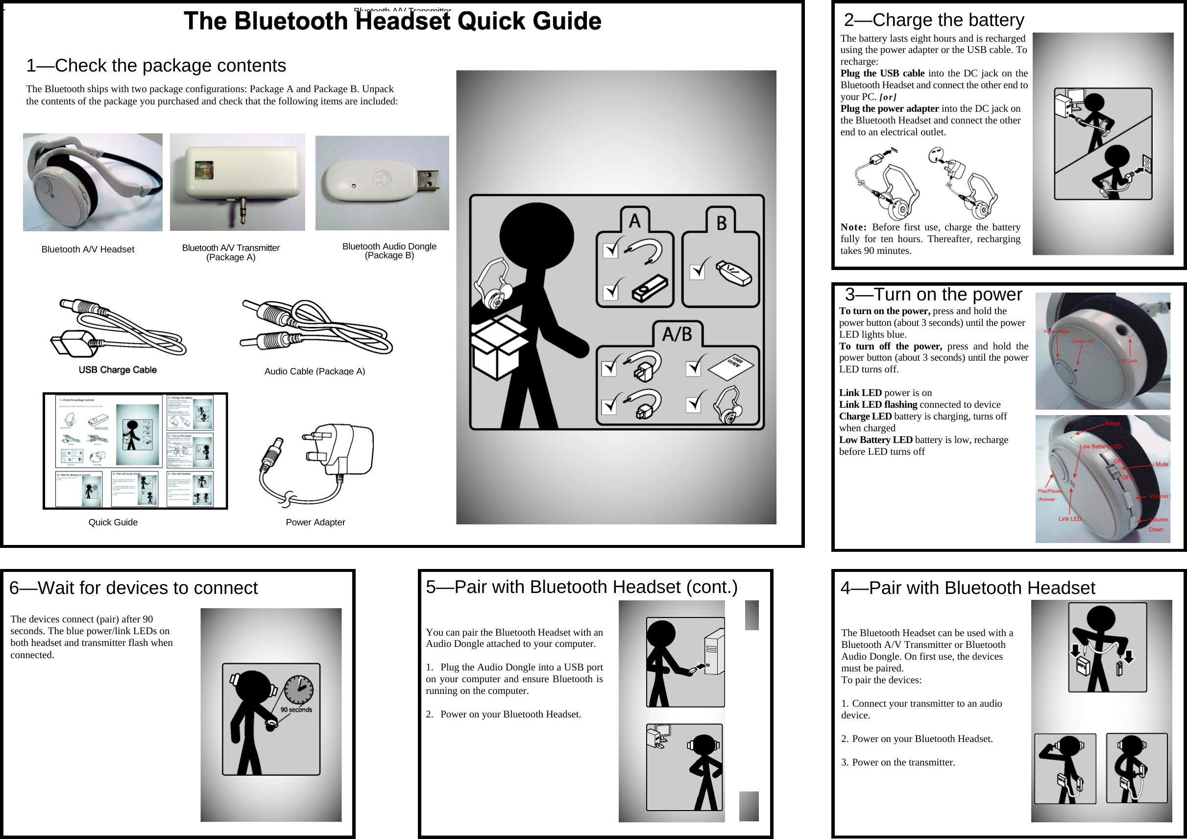 Bluetooth A/V Transmitter  (Package A)  -        1—Check the package contents The Bluetooth ships with two package configurations: Package A and Package B. Unpack the contents of the package you purchased and check that the following items are included: Audio Cable (Package A)Quick Guide  Power Adapter Bluetooth A/V Transmitter  (Package A)  Bluetooth Audio Dongle  (Package B) 6—Wait for devices to connect  The devices connect (pair) after 90 seconds. The blue power/link LEDs on both headset and transmitter flash when connected. 5—Pair with Bluetooth Headset (cont.)You can pair the Bluetooth Headset with an Audio Dongle attached to your computer.  1. Plug the Audio Dongle into a USB port on your computer and ensure Bluetooth is running on the computer.  2. Power on your Bluetooth Headset. 2—Charge the batteryThe battery lasts eight hours and is recharged using the power adapter or the USB cable. To recharge: Plug the USB cable into the DC jack on the Bluetooth Headset and connect the other end to your PC. [or] Plug the power adapter into the DC jack on the Bluetooth Headset and connect the other end to an electrical outlet. Note: Before first use, charge the battery fully for ten hours. Thereafter, recharging takes 90 minutes. 3—Turn on the powerTo turn on the power, press and hold the power button (about 3 seconds) until the power LED lights blue. To turn off the power, press and hold thepower button (about 3 seconds) until the powerLED turns off.  Link LED power is on Link LED flashing connected to device Charge LED battery is charging, turns off when charged Low Battery LED battery is low, recharge before LED turns off  4—Pair with Bluetooth Headset The Bluetooth Headset can be used with a Bluetooth A/V Transmitter or Bluetooth Audio Dongle. On first use, the devices must be paired. To pair the devices:  1. Connect your transmitter to an audio device.  2. Power on your Bluetooth Headset.  3. Power on the transmitter.  Bluetooth A/V Headset 