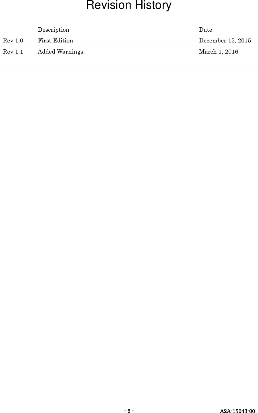   - 2 -  A2A-15043-00 Revision History  Description Date Rev 1.0 First Edition December 15, 2015 Rev 1.1 Added Warnings. March 1, 2016                       