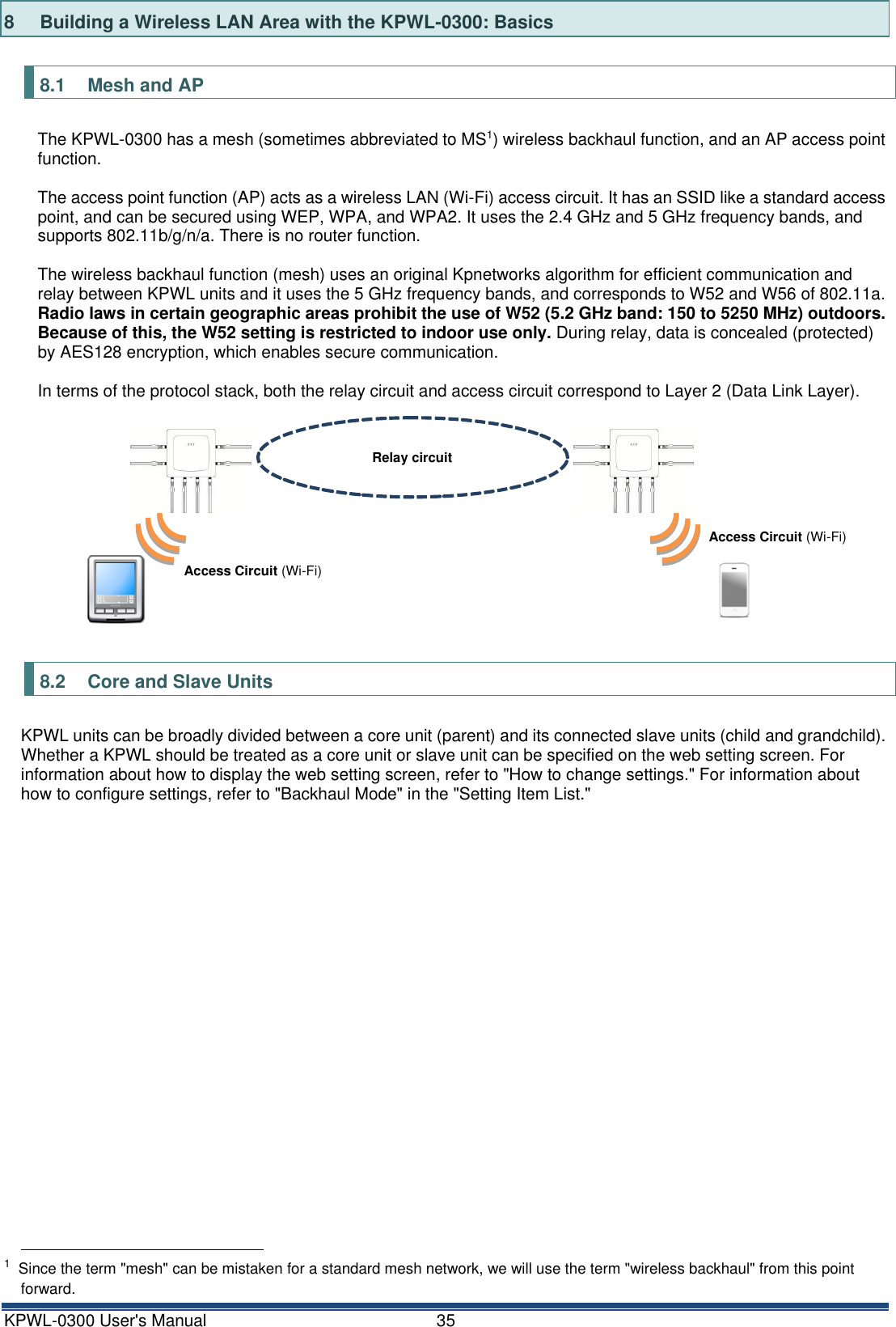 KPWL-0300 User's Manual  35 8  Building a Wireless LAN Area with the KPWL-0300: Basics  8.1  Mesh and AP The KPWL-0300 has a mesh (sometimes abbreviated to MS1) wireless backhaul function, and an AP access point function.  The access point function (AP) acts as a wireless LAN (Wi-Fi) access circuit. It has an SSID like a standard access point, and can be secured using WEP, WPA, and WPA2. It uses the 2.4 GHz and 5 GHz frequency bands, and supports 802.11b/g/n/a. There is no router function.  The wireless backhaul function (mesh) uses an original Kpnetworks algorithm for efficient communication and relay between KPWL units and it uses the 5 GHz frequency bands, and corresponds to W52 and W56 of 802.11a. Radio laws in certain geographic areas prohibit the use of W52 (5.2 GHz band: 150 to 5250 MHz) outdoors. Because of this, the W52 setting is restricted to indoor use only. During relay, data is concealed (protected) by AES128 encryption, which enables secure communication.  In terms of the protocol stack, both the relay circuit and access circuit correspond to Layer 2 (Data Link Layer).  8.2  Core and Slave Units KPWL units can be broadly divided between a core unit (parent) and its connected slave units (child and grandchild). Whether a KPWL should be treated as a core unit or slave unit can be specified on the web setting screen. For information about how to display the web setting screen, refer to "How to change settings." For information about how to configure settings, refer to "Backhaul Mode" in the "Setting Item List."                                                          1 Since the term "mesh" can be mistaken for a standard mesh network, we will use the term "wireless backhaul" from this point forward. Access Circuit (Wi-Fi) Access Circuit (Wi-Fi) Relay circuit 