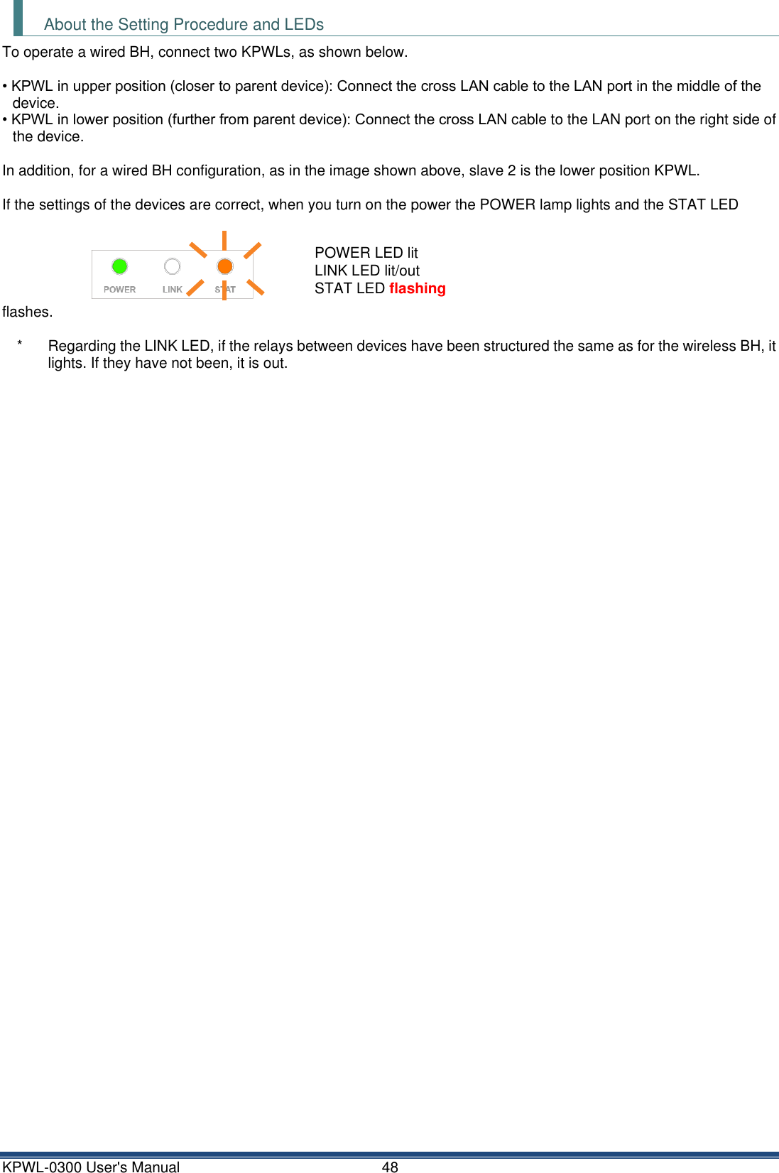 KPWL-0300 User's Manual  48 About the Setting Procedure and LEDs To operate a wired BH, connect two KPWLs, as shown below.  &bull; KPWL in upper position (closer to parent device): Connect the cross LAN cable to the LAN port in the middle of the device. &bull; KPWL in lower position (further from parent device): Connect the cross LAN cable to the LAN port on the right side of the device.  In addition, for a wired BH configuration, as in the image shown above, slave 2 is the lower position KPWL.  If the settings of the devices are correct, when you turn on the power the POWER lamp lights and the STAT LED flashes.  *  Regarding the LINK LED, if the relays between devices have been structured the same as for the wireless BH, it lights. If they have not been, it is out.    POWER LED lit LINK LED lit/out STAT LED flashing 