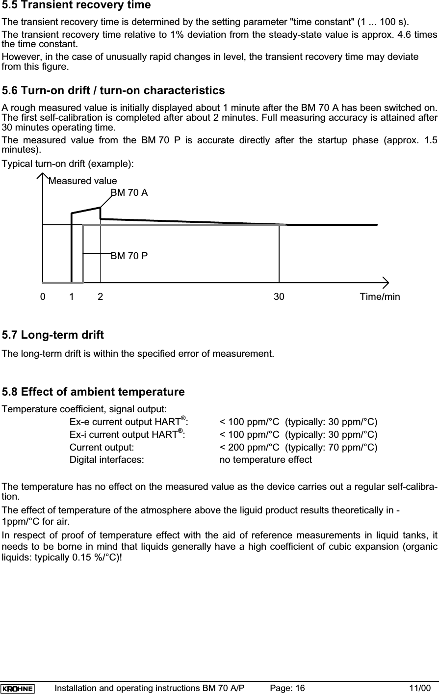 Installation and operating instructions BM 70 A/P Page: 16 11/005.5 Transient recovery timeThe transient recovery time is determined by the setting parameter &quot;time constant&quot; (1 ... 100 s).The transient recovery time relative to 1% deviation from the steady-state value is approx. 4.6 timesthe time constant.However, in the case of unusually rapid changes in level, the transient recovery time may deviatefrom this figure.5.6 Turn-on drift / turn-on characteristicsA rough measured value is initially displayed about 1 minute after the BM 70 A has been switched on.The first self-calibration is completed after about 2 minutes. Full measuring accuracy is attained after30 minutes operating time.The measured value from the BM 70 P is accurate directly after the startup phase (approx. 1.5minutes).Typical turn-on drift (example):Measured valueTime/min012 30BM 70 ABM 70 P5.7 Long-term driftThe long-term drift is within the specified error of measurement.5.8 Effect of ambient temperatureTemperature coefficient, signal output:Ex-e current output HART®: &lt; 100 ppm/°C  (typically: 30 ppm/°C)Ex-i current output HART®: &lt; 100 ppm/°C  (typically: 30 ppm/°C)Current output: &lt; 200 ppm/°C  (typically: 70 ppm/°C)Digital interfaces: no temperature effectThe temperature has no effect on the measured value as the device carries out a regular self-calibra-tion.The effect of temperature of the atmosphere above the liguid product results theoretically in -1ppm/°C for air.In respect of proof of temperature effect with the aid of reference measurements in liquid tanks, itneeds to be borne in mind that liquids generally have a high coefficient of cubic expansion (organicliquids: typically 0.15 %/°C)!