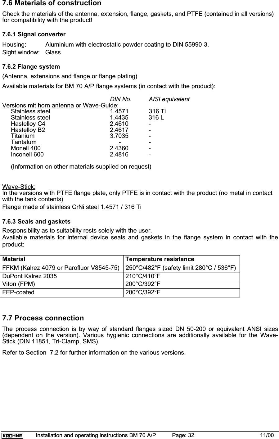 Installation and operating instructions BM 70 A/P Page: 32 11/007.6 Materials of constructionCheck the materials of the antenna, extension, flange, gaskets, and PTFE (contained in all versions)for compatibility with the product!7.6.1 Signal converterHousing: Aluminium with electrostatic powder coating to DIN 55990-3.Sight window: Glass7.6.2 Flange system(Antenna, extensions and flange or flange plating)Available materials for BM 70 A/P flange systems (in contact with the product):DIN No. AISI equivalentVersions mit horn antenna or Wave-Guide:Stainless steel 1.4571 316 TiStainless steel 1.4435 316 L Hastelloy C4 2.4610 -Hastelloy B2 2.4617 -Titanium 3.7035 -Tantalum      - -Monell 400 2.4360 -Inconell 600 2.4816 -(Information on other materials supplied on request)Wave-Stick:In the versions with PTFE flange plate, only PTFE is in contact with the product (no metal in contactwith the tank contents)Flange made of stainless CrNi steel 1.4571 / 316 Ti7.6.3 Seals and gasketsResponsibility as to suitability rests solely with the user.Available materials for internal device seals and gaskets in the flange system in contact with theproduct:Material Temperature resistanceFFKM (Kalrez 4079 or Parofluor V8545-75) 250°C/482°F (safety limit 280°C / 536°F)DuPont Kalrez 2035 210°C/410°FViton (FPM) 200°C/392°FFEP-coated 200°C/392°F7.7 Process connectionThe process connection is by way of standard flanges sized DN 50-200 or equivalent ANSI sizes(dependent on the version). Various hygienic connections are additionally available for the Wave-Stick (DIN 11851, Tri-Clamp, SMS).Refer to Section  7.2 for further information on the various versions.