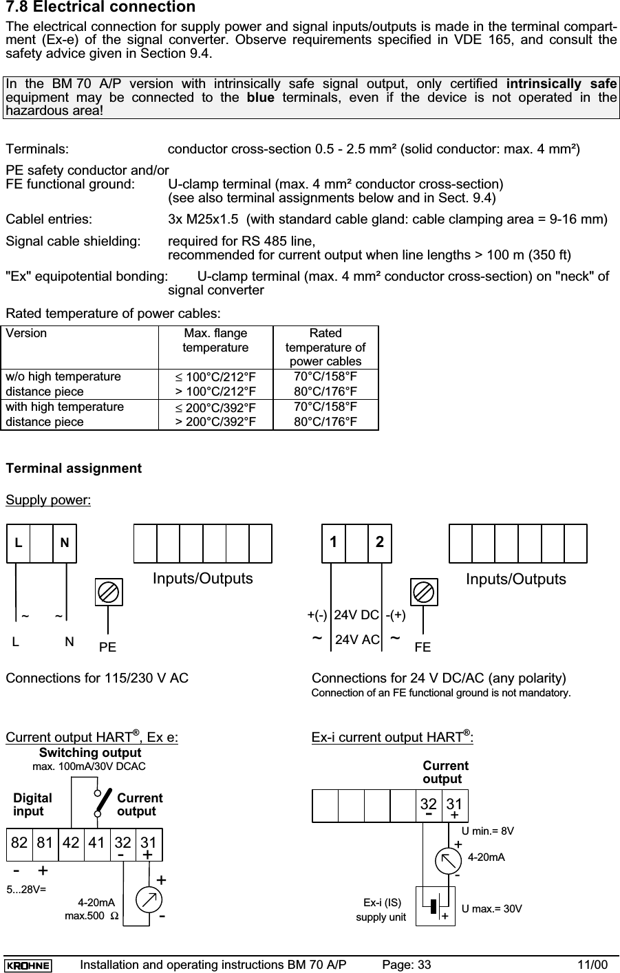 Installation and operating instructions BM 70 A/P Page: 33 11/007.8 Electrical connectionThe electrical connection for supply power and signal inputs/outputs is made in the terminal compart-ment (Ex-e) of the signal converter. Observe requirements specified in VDE 165, and consult thesafety advice given in Section 9.4.In the BM 70 A/P version with intrinsically safe signal output, only certified intrinsically safeequipment may be connected to the blue terminals, even if the device is not operated in thehazardous area!Terminals: conductor cross-section 0.5 - 2.5 mm² (solid conductor: max. 4 mm²)PE safety conductor and/or FE functional ground: U-clamp terminal (max. 4 mm² conductor cross-section)(see also terminal assignments below and in Sect. 9.4)Cablel entries: 3x M25x1.5  (with standard cable gland: cable clamping area = 9-16 mm)Signal cable shielding: required for RS 485 line, recommended for current output when line lengths &gt; 100 m (350 ft)&quot;Ex&quot; equipotential bonding: U-clamp terminal (max. 4 mm² conductor cross-section) on &quot;neck&quot; ofsignal converterRated temperature of power cables:Version Max. flangetemperatureRatedtemperature ofpower cablesw/o high temperature ≤ 100°C/212°F 70°C/158°Fdistance piece &gt; 100°C/212°F 80°C/176°Fwith high temperature ≤ 200°C/392°F 70°C/158°Fdistance piece &gt; 200°C/392°F 80°C/176°FTerminal assignmentSupply power:NLPE~~NLInputs/Outputs12+(-) -(+)24V DC24V AC FE~~Inputs/OutputsConnections for 115/230 V AC Connections for 24 V DC/AC (any polarity)Connection of an FE functional ground is not mandatory.Current output HART®, Ex e: Ex-i current output HART®:32 31-+42 41CurrentoutputSwitching outputmax. 100mA/30V DCACDigitalinput82 81-+-+5...28V=4-20mAmax.500 Ω32 31-Ex-i (IS)++supply unit+-U max.= 30VCurrentoutput4-20mAU min.= 8V