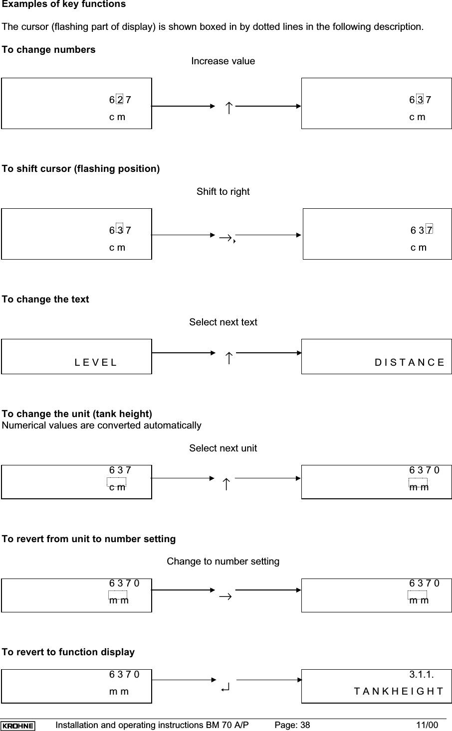 Installation and operating instructions BM 70 A/P Page: 38 11/00Examples of key functionsThe cursor (flashing part of display) is shown boxed in by dotted lines in the following description.To change numbersIncrease value6 2 7c m   ↑63 7c mTo shift cursor (flashing position)Shift to right6 3 7c m →6 3 7c mTo change the textSelect next textL E V E L   ↑D I S T A N C ETo change the unit (tank height)Numerical values are converted automaticallySelect next unit6 3 7c m   ↑6 3 7 0m mTo revert from unit to number settingChange to number setting6 3 7 0m m 6 3 7 0m mTo revert to function display6 3 7 0m m 3.1.1.     T A N K H E I G H T→→↵