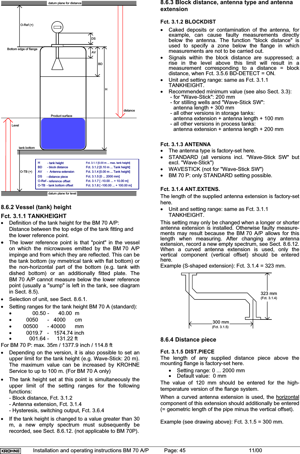 Installation and operating instructions BM 70 A/P Page: 45 11/00HAVBDO-Ref (+)O-TB (+)DSO-RefO-TBHAVBD-  Antenna extensionFct. 3.1.1 [0.00 m ... max. tank height]Fct. 3.1.4 [0.00 m ... Tank height]Fct. 3.1.2 [0.10 m ... Tank height]Fct. 3.1.7 [ -10.00 ... + 10.00 m]Fct. 3.1.8 [ -100.00 ... + 100.00 m]DS Fct. 3.1.5 [0 ... 2000 mm]Bottom edge of flangeProduct surfacedatum plane for distanceLeveltank bottomdistance- tank height- block distance- distance piece- reference offset- tank bottom offsetdatum plane for level8.6.2 Vessel (tank) heightFct. 3.1.1 TANKHEIGHT•Definition of the tank height for the BM 70 A/P:Distance between the top edge of the tank fitting andthe lower reference point.•The lower reference point is that &quot;point&quot; in the vesselon which the microwaves emitted by the BM 70 A/Pimpinge and from which they are reflected. This can bethe tank bottom (sy mmetrical tank with flat bottom) orthe non-horizontal part of the bottom (e.g. tank withdished bottom) or an additionally fitted plate. TheBM 70 A/P cannot measure below the lower referencepoint (usually a &quot;sump&quot; is left in the tank, see diagramin Sect. 8.5).•Selection of unit, see Sect. 8.6.1.•Setting ranges for the tank height BM 70 A (standard):•       00.50 -      40.00  m•   0050      -   4000      cm• 00500      - 40000      mm•   0019.7   -   1574.74 inch•     001.64 -     131.22 ftFor BM 70 P: max. 35m / 1377.9 inch / 114.8 ft•Depending on the version, it is also possible to set anupper limit for the tank height (e.g. Wave-Stick: 20 m).The maximum value can be increased by KROHNEService to up to 100 m. (For BM 70 A only)•The tank height set at this point is simultaneously theupper limit of the setting ranges for the followingfunctions:- Block distance, Fct. 3.1.2- Antenna extension, Fct. 3.1.4- Hysteresis, switching output, Fct. 3.6.4•If the tank height is changed to a value greater than 30m, a new empty spectrum must subsequently berecorded, see Sect. 8.6.12. (not applicable to BM 70P).8.6.3 Block distance, antenna type and antennaextensionFct. 3.1.2 BLOCKDIST•Caked deposits or contamination of the antenna, forexample, can cause faulty measurements directlybelow the antenna. The function &quot;block distance&quot; isused to specify a zone below the flange in whichmeasurements are not to be carried out.•Signals within the block distance are suppressed; arise in the level above this limit will result in ameasurement corresponding to a distance = blockdistance, when Fct. 3.5.6 BD-DETECT = ON.•Unit and setting range: same as Fct. 3.1.1TANKHEIGHT.•Recommended minimum value (see also Sect. 3.3): - for &quot;Wave-Stick&quot;: 200 mm - for stilling wells and &quot;Wave-Stick SW&quot;:   antenna length + 300 mm - all other versions in storage tanks:   antenna extension + antenna length + 100 mm - all other versions in process tanks:   antenna extension + antenna length + 200 mmFct. 3.1.3 ANTENNA•The antenna type is factory-set here.•STANDARD (all versions incl. &quot;Wave-Stick SW&quot; butexcl. &quot;Wave-Stick&quot;)•WAVESTICK (not for &quot;Wave-Stick SW&quot;)•BM 70 P: only STANDARD setting possible.Fct. 3.1.4 ANT.EXTENS.The length of the supplied antenna extension is factory-sethere.•Unit and setting range: same as Fct. 3.1.1TANKHEIGHT.This setting may only be changed when a longer or shorterantenna extension is installed. Otherwise faulty measure-ments may result because the BM 70 A/P allows for thislength when measuring. After changing any antennaextension, record a new empty spectrum, see Sect. 8.6.12.When a curved antenna extension is used, only thevertical component (vertical offset) should be enteredhere.Example (S-shaped extension): Fct. 3.1.4 = 323 mm.323 mm300 mm(Fct. 3.1.4)(Fct. 3.1.5)8.6.4 Distance pieceFct. 3.1.5 DIST.PIECEThe length of any supplied distance piece above themounting flange is factory-set here.•Setting range: 0 ... 2000 mm•Default value:  0 mmThe value of 120 mm should be entered for the high-temperature version of the flange system.When a curved antenna extension is used, the horizontalcomponent of this extension should additionally be entered(= geometric length of the pipe minus the vertical offset).Example (see drawing above): Fct. 3.1.5 = 300 mm.