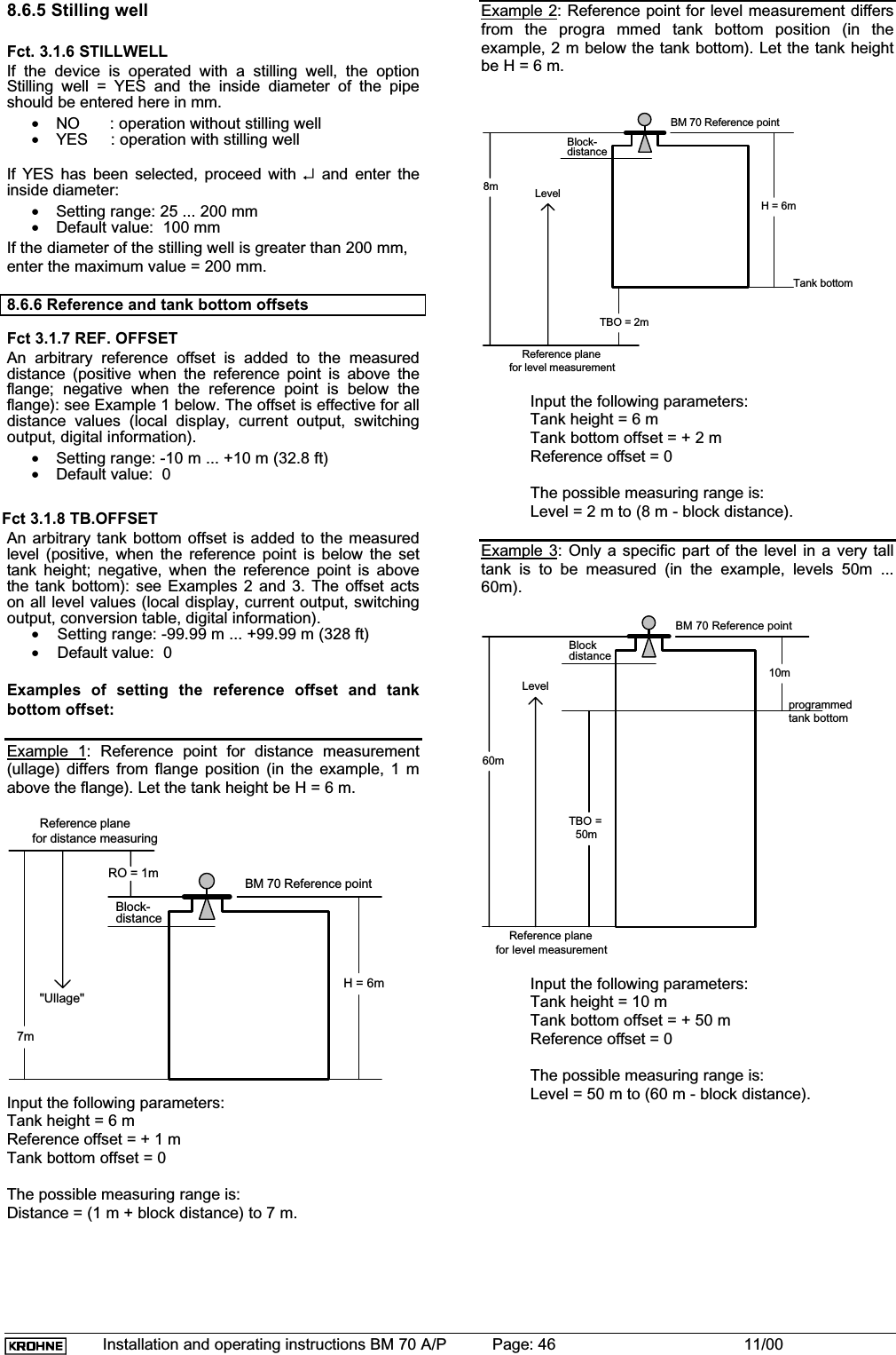 Installation and operating instructions BM 70 A/P Page: 46 11/008.6.5 Stilling wellFct. 3.1.6 STILLWELLIf the device is operated with a stilling well, the optionStilling well = YES and the inside diameter of the pipeshould be entered here in mm.•NO  : operation without stilling well•YES     : operation with stilling wellIf YES has been selected, proceed with ↵ and enter theinside diameter:•Setting range: 25 ... 200 mm•Default value:  100 mmIf the diameter of the stilling well is greater than 200 mm,enter the maximum value = 200 mm.8.6.6 Reference and tank bottom offsetsFct 3.1.7 REF. OFFSETAn arbitrary reference offset is added to the measureddistance (positive when the reference point is above theflange; negative when the reference point is below theflange): see Example 1 below. The offset is effective for alldistance values (local display, current output, switchingoutput, digital information).•Setting range: -10 m ... +10 m (32.8 ft)•Default value:  0Fct 3.1.8 TB.OFFSETAn arbitrary tank bottom offset is added to the measuredlevel (positive, when the reference point is below the settank height; negative, when the reference point is abovethe tank bottom): see Examples 2 and 3. The offset actson all level values (local display, current output, switchingoutput, conversion table, digital information).•    Setting range: -99.99 m ... +99.99 m (328 ft)•    Default value:  0Examples of setting the reference offset and tankbottom offset:Example 1: Reference point for distance measurement(ullage) differs from flange position (in the example, 1 mabove the flange). Let the tank height be H = 6 m.H = 6mBM 70 Reference pointReference planefor distance measuringRO = 1m&quot;Ullage&quot;7mBlock-distanceInput the following parameters:Tank height = 6 mReference offset = + 1 mTank bottom offset = 0The possible measuring range is:Distance = (1 m + block distance) to 7 m.Example 2: Reference point for level measurement differsfrom the progra mmed tank bottom position (in theexample, 2 m below the tank bottom). Let the tank heightbe H = 6 m.H = 6mBM 70 Reference pointReference planefor level measurement8mTank bottomTBO = 2mBlock-distanceLevelInput the following parameters:Tank height = 6 mTank bottom offset = + 2 mReference offset = 0The possible measuring range is:Level = 2 m to (8 m - block distance).Example 3: Only a specific part of the level in a very talltank is to be measured (in the example, levels 50m ...60m).10m60mtank bottomTBO =50mprogrammedBlockdistanceBM 70 Reference pointLevelReference planefor level measurementInput the following parameters:Tank height = 10 mTank bottom offset = + 50 mReference offset = 0The possible measuring range is:Level = 50 m to (60 m - block distance).