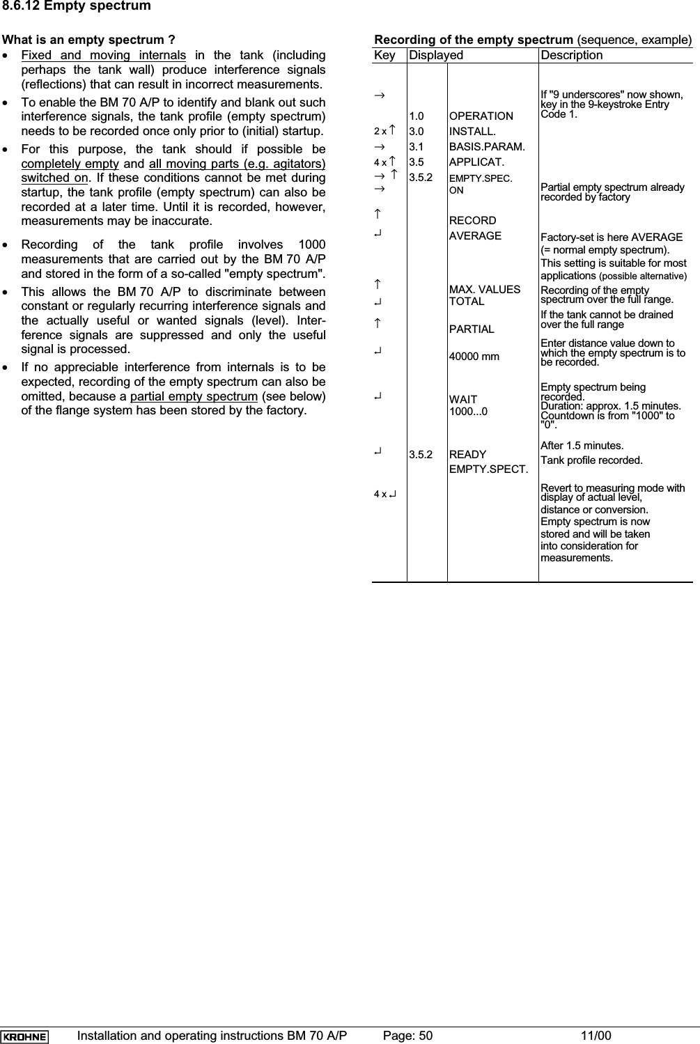 Installation and operating instructions BM 70 A/P Page: 50 11/008.6.12 Empty spectrumWhat is an empty spectrum ?•Fixed and moving internals in the tank (includingperhaps the tank wall) produce interference signals(reflections) that can result in incorrect measurements.•To enable the BM 70 A/P to identify and blank out suchinterference signals, the tank profile (empty spectrum)needs to be recorded once only prior to (initial) startup.•For this purpose, the tank should if possible becompletely empty and all moving parts (e.g. agitators)switched on. If these conditions cannot be met duringstartup, the tank profile (empty spectrum) can also berecorded at a later time. Until it is recorded, however,measurements may be inaccurate.•Recording of the tank profile involves 1000measurements that are carried out by the BM 70 A/Pand stored in the form of a so-called &quot;empty spectrum&quot;.•This allows the BM 70 A/P to discriminate betweenconstant or regularly recurring interference signals andthe actually useful or wanted signals (level). Inter-ference signals are suppressed and only the usefulsignal is processed.•If no appreciable interference from internals is to beexpected, recording of the empty spectrum can also beomitted, because a partial empty spectrum (see below)of the flange system has been stored by the factory.Recording of the empty spectrum (sequence, example)Key Displayed Description→2 x ↑→4 x ↑→↑→↑↵↑↵↑↵↵↵4 x ↵1.03.03.13.53.5.23.5.2OPERATIONINSTALL.BASIS.PARAM.APPLICAT.EMPTY.SPEC.ONRECORDAVERAGEMAX. VALUESTOTALPARTIAL40000 mmWAIT1000...0READYEMPTY.SPECT.If &quot;9 underscores&quot; now shown,key in the 9-keystroke EntryCode 1.Partial empty spectrum alreadyrecorded by factoryFactory-set is here AVERAGE(= normal empty spectrum).This setting is suitable for mostapplications (possible alternative)Recording of the emptyspectrum over the full range.If the tank cannot be drainedover the full rangeEnter distance value down towhich the empty spectrum is tobe recorded.Empty spectrum beingrecorded.Duration: approx. 1.5 minutes.Countdown is from &quot;1000&quot; to&quot;0&quot;.After 1.5 minutes.Tank profile recorded.Revert to measuring mode withdisplay of actual level,distance or conversion.Empty spectrum is nowstored and will be takeninto consideration formeasurements.