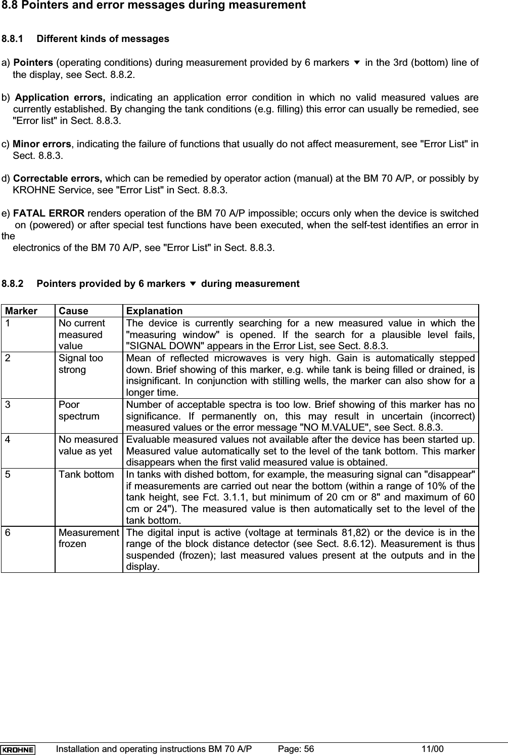 Installation and operating instructions BM 70 A/P Page: 56 11/008.8 Pointers and error messages during measurement8.8.1 Different kinds of messagesa) Pointers (operating conditions) during measurement provided by 6 markers  in the 3rd (bottom) line of    the display, see Sect. 8.8.2.b) Application errors, indicating an application error condition in which no valid measured values are    currently established. By changing the tank conditions (e.g. filling) this error can usually be remedied, see    &quot;Error list&quot; in Sect. 8.8.3.c) Minor errors, indicating the failure of functions that usually do not affect measurement, see &quot;Error List&quot; in    Sect. 8.8.3.d) Correctable errors, which can be remedied by operator action (manual) at the BM 70 A/P, or possibly by    KROHNE Service, see &quot;Error List&quot; in Sect. 8.8.3.e) FATAL ERROR renders operation of the BM 70 A/P impossible; occurs only when the device is switched    on (powered) or after special test functions have been executed, when the self-test identifies an error inthe    electronics of the BM 70 A/P, see &quot;Error List&quot; in Sect. 8.8.3.8.8.2 Pointers provided by 6 markers  during measurementMarker Cause Explanation1 No currentmeasuredvalueThe device is currently searching for a new measured value in which the&quot;measuring window&quot; is opened. If the search for a plausible level fails,&quot;SIGNAL DOWN&quot; appears in the Error List, see Sect. 8.8.3.2 Signal toostrongMean of reflected microwaves is very high. Gain is automatically steppeddown. Brief showing of this marker, e.g. while tank is being filled or drained, isinsignificant. In conjunction with stilling wells, the marker can also show for alonger time.3 PoorspectrumNumber of acceptable spectra is too low. Brief showing of this marker has nosignificance. If permanently on, this may result in uncertain (incorrect)measured values or the error message &quot;NO M.VALUE&quot;, see Sect. 8.8.3.4 No measuredvalue as yetEvaluable measured values not available after the device has been started up.Measured value automatically set to the level of the tank bottom. This markerdisappears when the first valid measured value is obtained.5 Tank bottom In tanks with dished bottom, for example, the measuring signal can &quot;disappear&quot;if measurements are carried out near the bottom (within a range of 10% of thetank height, see Fct. 3.1.1, but minimum of 20 cm or 8&quot; and maximum of 60cm or 24&quot;). The measured value is then automatically set to the level of thetank bottom.6 MeasurementfrozenThe digital input is active (voltage at terminals 81,82) or the device is in therange of the block distance detector (see Sect. 8.6.12). Measurement is thussuspended (frozen); last measured values present at the outputs and in thedisplay.