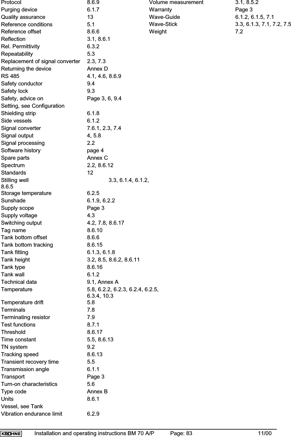 Installation and operating instructions BM 70 A/P Page: 83 11/00Protocol 8.6.9Purging device 6.1.7Quality assurance 13Reference conditions 5.1Reference offset 8.6.6Reflection 3.1, 8.6.1Rel. Permittivity 6.3.2Repeatability 5.3Replacement of signal converter 2.3, 7.3Returning the device Annex DRS 485 4.1, 4.6, 8.6.9Safety conductor 9.4Safety lock 9.3Safety, advice on Page 3, 6, 9.4Setting, see ConfigurationShielding strip 6.1.8Side vessels 6.1.2Signal converter 7.6.1, 2.3, 7.4Signal output 4, 5.8Signal processing 2.2Software history page 4Spare parts Annex CSpectrum 2.2, 8.6.12Standards 12Stilling well 3.3, 6.1.4, 6.1.2,8.6.5Storage temperature 6.2.5Sunshade 6.1.9, 6.2.2Supply scope Page 3Supply voltage 4.3Switching output 4.2, 7.8, 8.6.17Tag name 8.6.10Tank bottom offset 8.6.6Tank bottom tracking 8.6.15Tank fitting 6.1.3, 6.1.8Tank height 3.2, 8.5, 8.6.2, 8.6.11Tank type 8.6.16Tank wall 6.1.2Technical data 9.1, Annex ATemperature 5.8, 6.2.2, 6.2.3, 6.2.4, 6.2.5,6.3.4, 10.3Temperature drift 5.8Terminals 7.8Terminating resistor 7.9Test functions 8.7.1Threshold 8.6.17Time constant 5.5, 8.6.13TN system 9.2Tracking speed 8.6.13Transient recovery time 5.5Transmission angle 6.1.1Transport Page 3Turn-on characteristics 5.6Type code Annex BUnits 8.6.1Vessel, see Tank Vibration endurance limit  6.2.9Volume measurement 3.1, 8.5.2Warranty Page 3Wave-Guide 6.1.2, 6.1.5, 7.1Wave-Stick 3.3, 6.1.3, 7.1, 7.2, 7.5Weight 7.2