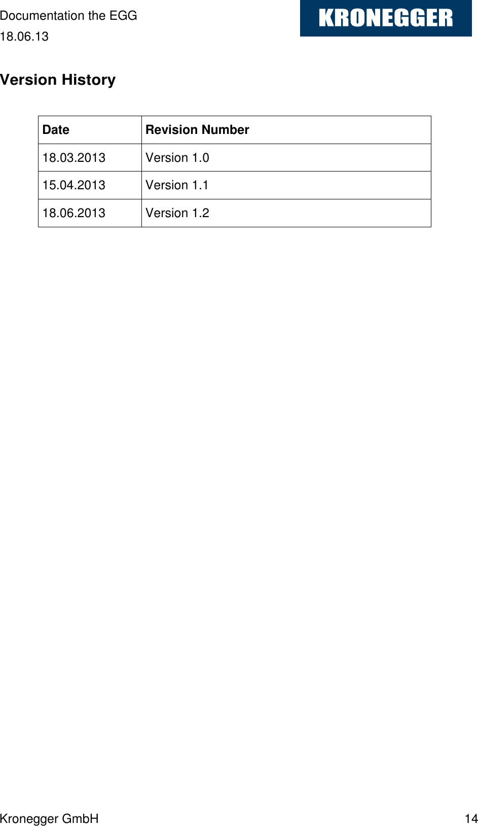 Documentation the EGG 18.06.13 Kronegger GmbH    14  Version History  Date Revision Number 18.03.2013 Version 1.0 15.04.2013 Version 1.1 18.06.2013 Version 1.2  