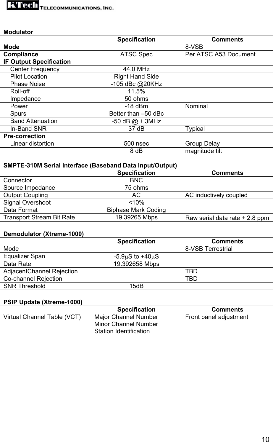   10  Modulator  Specification Comments Mode   8-VSB  Compliance  ATSC Spec  Per ATSC A53 Document IF Output Specification         Center Frequency  44.0 MHz       Pilot Location  Right Hand Side       Phase Noise  -105 dBc @20KHz       Roll-off  11.5%       Impedance  50 ohms       Power  -18 dBm  Nominal     Spurs  Better than –50 dBc       Band Attenuation  -50 dB @ ± 3MHz       In-Band SNR  37 dB  Typical Pre-correction        Linear distortion 500 nsec  Group Delay  8 dB  magnitude tilt  SMPTE-310M Serial Interface (Baseband Data Input/Output)  Specification Comments Connector BNC  Source Impedance  75 ohms   Output Coupling  AC  AC inductively coupled Signal Overshoot  &lt;10%   Data Format  Biphase Mark Coding   Transport Stream Bit Rate  19.39265 Mbps  Raw serial data rate ± 2.8 ppm  Demodulator (Xtreme-1000)  Specification Comments Mode  8-VSB Terrestrial Equalizer Span  -5.9µS to +40µS   Data Rate  19.392658 Mbps   AdjacentChannel Rejection    TBD Co-channel Rejection    TBD SNR Threshold  15dB    PSIP Update (Xtreme-1000)  Specification Comments Virtual Channel Table (VCT)  Major Channel Number Minor Channel Number Station Identification Front panel adjustment   