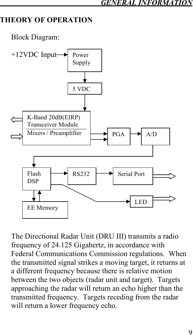  GENERAL INFORMATION   9  THEORY OF OPERATION  Block Diagram:  +12VDC Input                     The Directional Radar Unit (DRU III) transmits a radio frequency of 24.125 Gigahertz, in accordance with Federal Communications Commission regulations.  When the transmitted signal strikes a moving target, it returns at a different frequency because there is relative motion between the two objects (radar unit and target).  Targets approaching the radar will return an echo higher than the transmitted frequency.  Targets receding from the radar will return a lower frequency echo.     K-Band 20dB(EIRP) Transceiver Module Mixers / Preamplifier Power Supply 5 VDC PGA  A/D Flash DSP RS232  Serial Port EE Memory  LED 