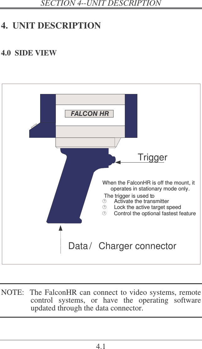   4.1 4.  UNIT DESCRIPTION 4.0  SIDE VIEW   `TriggerWhen the FalconHR is off the mount, itoperates in stationary mode only.The trigger is used to:Activate the transmitterLock the active target speedControl the optional fastest featureData /  Charger connector   NOTE:  The FalconHR can connect to video systems, remote control  systems,  or  have  the  operating  software updated through the data connector. 