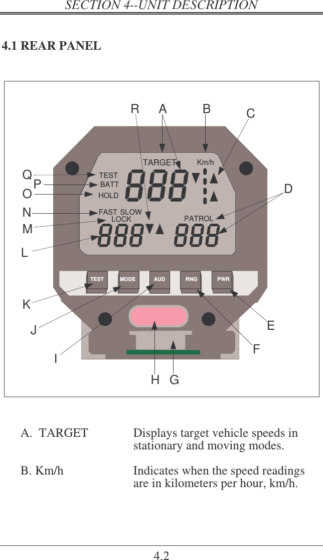   4.2 4.1 REAR PANEL  PATROLFASTLOCKTARGETHOLDBATTTESTKm/hSLOWTEST MODE AUD RNG PWRA B CDEFGHIJKLMNOPQR   A.  TARGET  Displays target vehicle speeds in stationary and moving modes.  B. Km/h  Indicates when the speed readings are in kilometers per hour, km/h. 