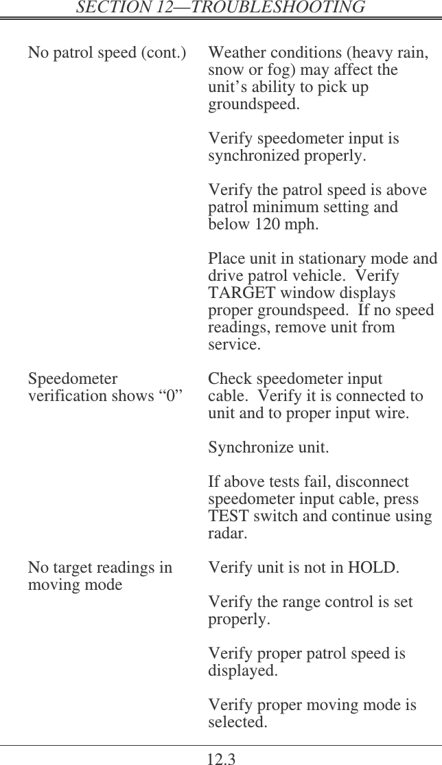    12.3  No patrol speed (cont.)  Weather conditions (heavy rain, snow or fog) may affect the unit’s ability to pick up groundspeed.    Verify speedometer input is synchronized properly.    Verify the patrol speed is above patrol minimum setting and below 120 mph.    Place unit in stationary mode and drive patrol vehicle.  Verify TARGET window displays proper groundspeed.  If no speed readings, remove unit from service.  Speedometer  Check speedometer input  verification shows “0”  cable.  Verify it is connected to unit and to proper input wire.    Synchronize unit.    If above tests fail, disconnect speedometer input cable, press TEST switch and continue using radar.  No target readings in   Verify unit is not in HOLD. moving mode   Verify the range control is set properly.    Verify proper patrol speed is displayed.    Verify proper moving mode is selected. 