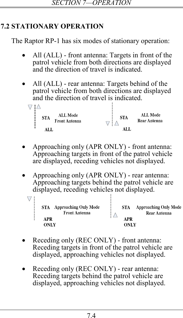 SECTION 7—OPERATION 7.4 7.2 STATIONARY OPERATION The Raptor RP-1 has six modes of stationary operation:  • All (ALL) - front antenna: Targets in front of the patrol vehicle from both directions are displayed and the direction of travel is indicated.  • All (ALL) - rear antenna: Targets behind of the patrol vehicle from both directions are displayed and the direction of travel is indicated.   • Approaching only (APR ONLY) - front antenna: Approaching targets in front of the patrol vehicle are displayed, receding vehicles not displayed.   • Approaching only (APR ONLY) - rear antenna: Approaching targets behind the patrol vehicle are displayed, receding vehicles not displayed.    • Receding only (REC ONLY) - front antenna: Receding targets in front of the patrol vehicle are displayed, approaching vehicles not displayed.   • Receding only (REC ONLY) - rear antenna: Receding targets behind the patrol vehicle are displayed, approaching vehicles not displayed.  