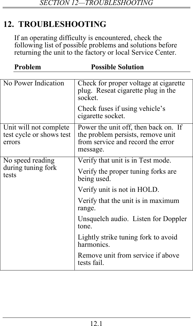 SECTION 12—TROUBLESHOOTING 12.1 12.  TROUBLESHOOTING If an operating difficulty is encountered, check the following list of possible problems and solutions before returning the unit to the factory or local Service Center.  Problem  Possible Solution  No Power Indication  Check for proper voltage at cigarette plug.  Reseat cigarette plug in the socket. Check fuses if using vehicle’s cigarette socket. Unit will not complete test cycle or shows test errors Power the unit off, then back on.  If the problem persists, remove unit from service and record the error message. No speed reading during tuning fork tests Verify that unit is in Test mode. Verify the proper tuning forks are being used. Verify unit is not in HOLD. Verify that the unit is in maximum range. Unsquelch audio.  Listen for Doppler tone. Lightly strike tuning fork to avoid harmonics. Remove unit from service if above tests fail. 