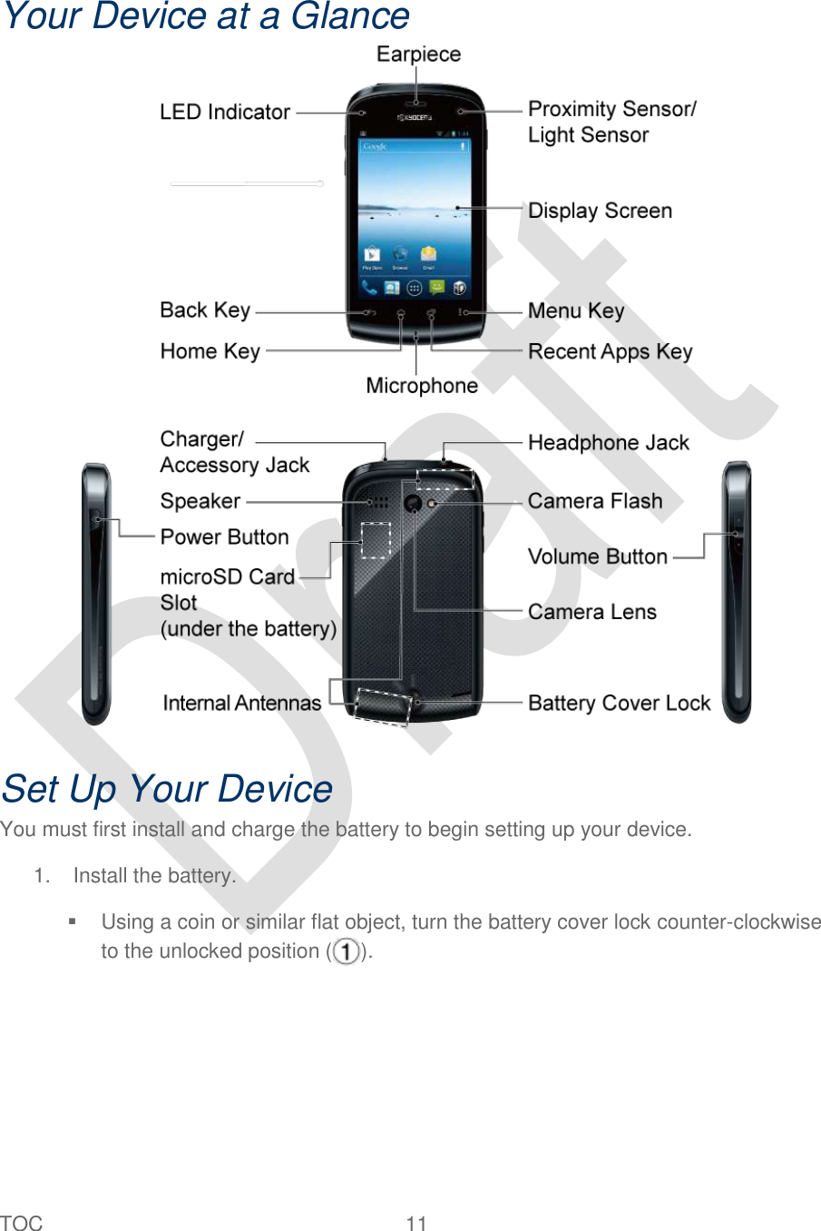  TOC  11   Your Device at a Glance  Set Up Your Device You must first install and charge the battery to begin setting up your device. 1.  Install the battery.     Using a coin or similar flat object, turn the battery cover lock counter-clockwise to the unlocked position ( ).    