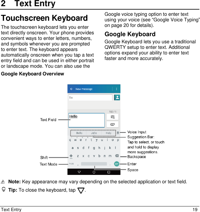 Text Entry  19 2  Text EntryTouchscreen Keyboard The touchscreen keyboard lets you enter text directly onscreen. Your phone provides convenient ways to enter letters, numbers, and symbols whenever you are prompted to enter text. The keyboard appears automatically onscreen when you tap a text entry field and can be used in either portrait or landscape mode. You can also use the Google voice typing option to enter text using your voice (see “Google Voice Typing” on page 20 for details). Google Keyboard Google Keyboard lets you use a traditional QWERTY setup to enter text. Additional options expand your ability to enter text faster and more accurately.  Google Keyboard Overview    Note: Key appearance may vary depending on the selected application or text field.  Tip: To close the keyboard, tap  . 