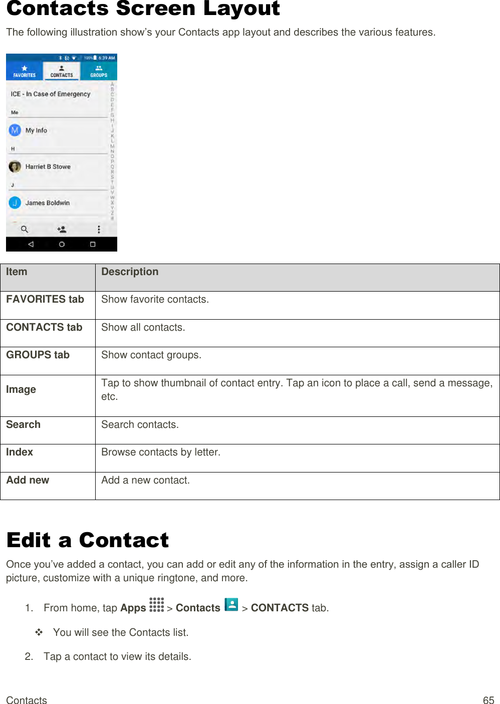 Contacts  65 Contacts Screen Layout The following illustration show’s your Contacts app layout and describes the various features.   Item Description FAVORITES tab Show favorite contacts. CONTACTS tab Show all contacts. GROUPS tab Show contact groups. Image Tap to show thumbnail of contact entry. Tap an icon to place a call, send a message, etc.  Search Search contacts. Index Browse contacts by letter. Add new Add a new contact.  Edit a Contact Once you’ve added a contact, you can add or edit any of the information in the entry, assign a caller ID picture, customize with a unique ringtone, and more. 1.  From home, tap Apps   &gt; Contacts   &gt; CONTACTS tab.    You will see the Contacts list. 2.  Tap a contact to view its details.  
