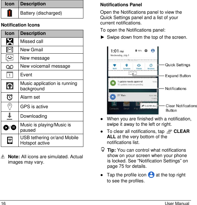 16  User Manual Icon Description  Battery (discharged) Notification Icons Icon Description  Missed call  New Gmail  New message  New voicemail message  Event  Music application is running background  Alarm set  GPS is active  Downloading /  Music is playing/Music is paused  USB tethering or/and Mobile Hotspot active   Note: All icons are simulated. Actual images may vary.  Notifications Panel Open the Notifications panel to view the Quick Settings panel and a list of your current notifications. To open the Notifications panel: ►  Swipe down from the top of the screen.    ●  When you are finished with a notification, swipe it away to the left or right.  ●  To clear all notifications, tap   CLEAR ALL at the very bottom of the notifications list.  Tip: You can control what notifications show on your screen when your phone is locked. See “Notification Settings” on page 75 for details.  ●  Tap the profile icon   at the top right to see the profiles. 