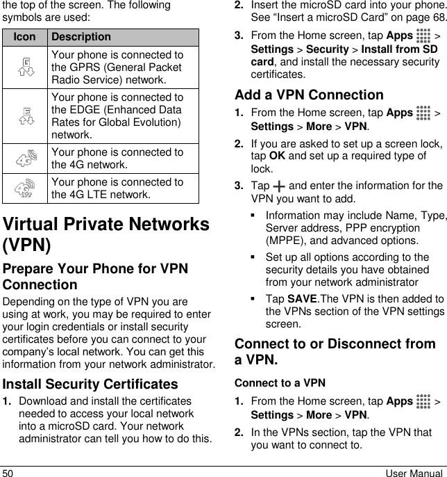  50  User Manual the top of the screen. The following symbols are used: Icon Description    Your phone is connected to the GPRS (General Packet Radio Service) network.    Your phone is connected to the EDGE (Enhanced Data Rates for Global Evolution) network.    Your phone is connected to the 4G network.  Your phone is connected to the 4G LTE network. Virtual Private Networks (VPN) Prepare Your Phone for VPN Connection Depending on the type of VPN you are using at work, you may be required to enter your login credentials or install security certificates before you can connect to your company’s local network. You can get this information from your network administrator. Install Security Certificates 1. Download and install the certificates needed to access your local network into a microSD card. Your network administrator can tell you how to do this. 2. Insert the microSD card into your phone. See “Insert a microSD Card” on page 68. 3. From the Home screen, tap Apps   &gt; Settings &gt; Security &gt; Install from SD card, and install the necessary security certificates. Add a VPN Connection 1. From the Home screen, tap Apps   &gt; Settings &gt; More &gt; VPN. 2. If you are asked to set up a screen lock, tap OK and set up a required type of lock.  3. Tap   and enter the information for the VPN you want to add.   Information may include Name, Type, Server address, PPP encryption (MPPE), and advanced options.   Set up all options according to the security details you have obtained from your network administrator   Tap SAVE.The VPN is then added to the VPNs section of the VPN settings screen. Connect to or Disconnect from a VPN. Connect to a VPN 1. From the Home screen, tap Apps   &gt; Settings &gt; More &gt; VPN. 2. In the VPNs section, tap the VPN that you want to connect to. 