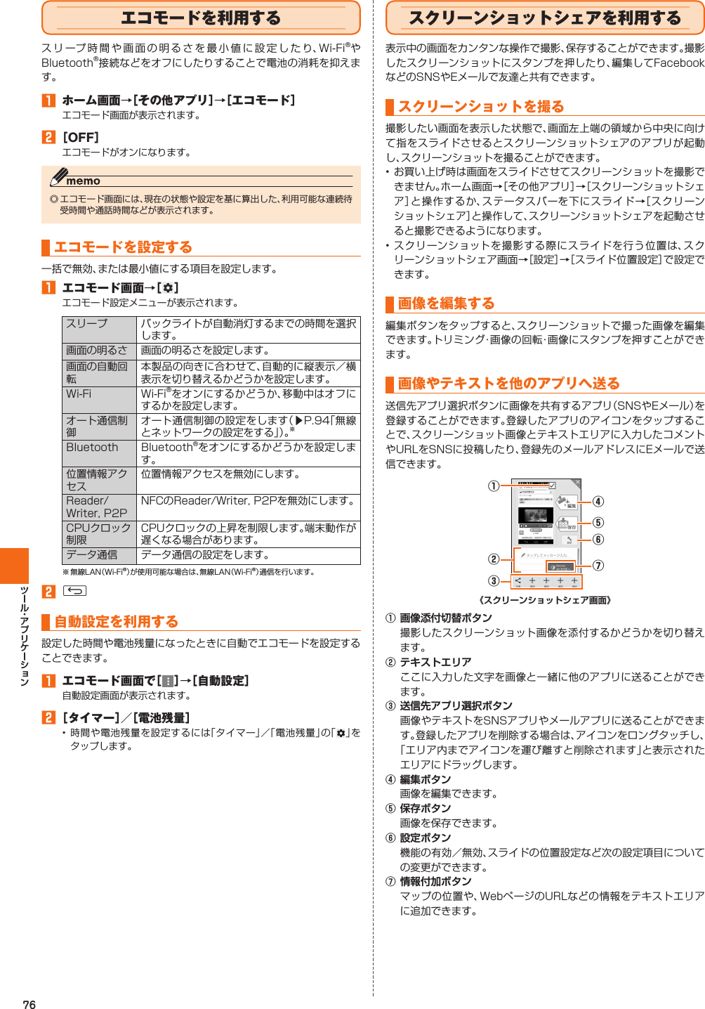 76  エコモードを利用するスリープ時間や画面の明るさを最小値に設定したり、Wi-Fi®やBluetooth®接続などをオフにしたりすることで電池の消耗を抑えます。󱈠 ホーム画面→［その他アプリ］→［ エコモード］エコモード画面が表示されます。󱈢 ［OFF］エコモードがオンになります。◎ エコモード画面には、現在の状態や設定を基に算出した、利用可能な連続待受時間や通話時間などが表示されます。 エコモードを設定する一括で無効、または最小値にする項目を設定します。󱈠 エコモード画面→［ ］エコモード設定メニューが表示されます。スリープ バックライトが自動消灯するまでの時間を選択します。画面の明るさ 画面の明るさを設定します。画面の自動回転本製品の向きに合わせて、自動的に縦表示／横表示を切り替えるかどうかを設定します。Wi-Fi Wi-Fi®をオンにするかどうか、移動中はオフにするかを設定します。オート通信制御オート通信制御の設定をします（▶P. 94「無線とネットワークの設定をする」）。※Bluetooth Bluetooth®をオンにするかどうかを設定します。位置情報アクセス位置情報アクセスを無効にします。Reader/Writer, P2PNFCのReader/Writer, P2Pを無効にします。CPUクロック制限CPUクロックの上昇を制限します。端末動作が遅くなる場合があります。データ通信 データ通信の設定をします。※ 無線LAN（Wi-Fi®）が使用可能な場合は、無線LAN（Wi-Fi®）通信を行います。󱈢 C自動設定を利用する設定した時間や電池残量になったときに自動でエコモードを設定することできます。󱈠 エコモード画面で［ ］→［自動設定］自動設定画面が表示されます。󱈢 ［タイマー］／［電池残量］• 時間や電池残量を設定するには「タイマー」／「電池残量」の「 」をタップします。  スクリーンショットシェアを利用する表示中の画面をカンタンな操作で撮影、保存することができます。撮影したスクリーンショットにスタンプを押したり、編集してFacebookなどのSNSやEメールで友達と共有できます。スクリーンショットを撮る撮影したい画面を表示した状態で、画面左上端の領域から中央に向けて指をスライドさせるとスクリーンショットシェアのアプリが起動し、スクリーンショットを撮ることができます。• お買い上げ時は画面をスライドさせてスクリーンショットを撮影できません。ホーム画面→［その他アプリ］→［スクリーンショットシェア］と操作するか、ステータスバーを下にスライド→［スクリーンショットシェア］と操作して、スクリーンショットシェアを起動させると撮影できるようになります。• スクリーンショットを撮影する際にスライドを行う位置は、スクリーンショットシェア画面→［設定］→［スライド位置設定］で設定できます。画像を編集する編集ボタンをタップすると、スクリーンショットで撮った画像を編集できます。トリミング・画像の回転・画像にスタンプを押すことができます。画像やテキストを他のアプリへ送る送信先アプリ選択ボタンに画像を共有するアプリ（SNSやEメール）を登録することができます。登録したアプリのアイコンをタップすることで、スクリーンショット画像とテキストエリアに入力したコメントやURLをSNSに投稿したり、登録先のメールアドレスにEメールで送信できます。①③②④⑤⑥⑦󰒄撮影したスクリーンショット画像を添付するかどうかを切り替えます。󰒅ここに入力した文字を画像と一緒に他のアプリに送ることができます。󰒆画像やテキストをSNSアプリやメールアプリに送ることができます。登録したアプリを削除する場合は、アイコンをロングタッチし、「エリア内までアイコンを運び離すと削除されます」と表示されたエリアにドラッグします。󰒇画像を編集できます。󰒈画像を保存できます。󰒉機能の有効／無効、スライドの位置設定など次の設定項目についての変更ができます。󰒊マップの位置や、WebページのURLなどの情報をテキストエリアに追加できます。