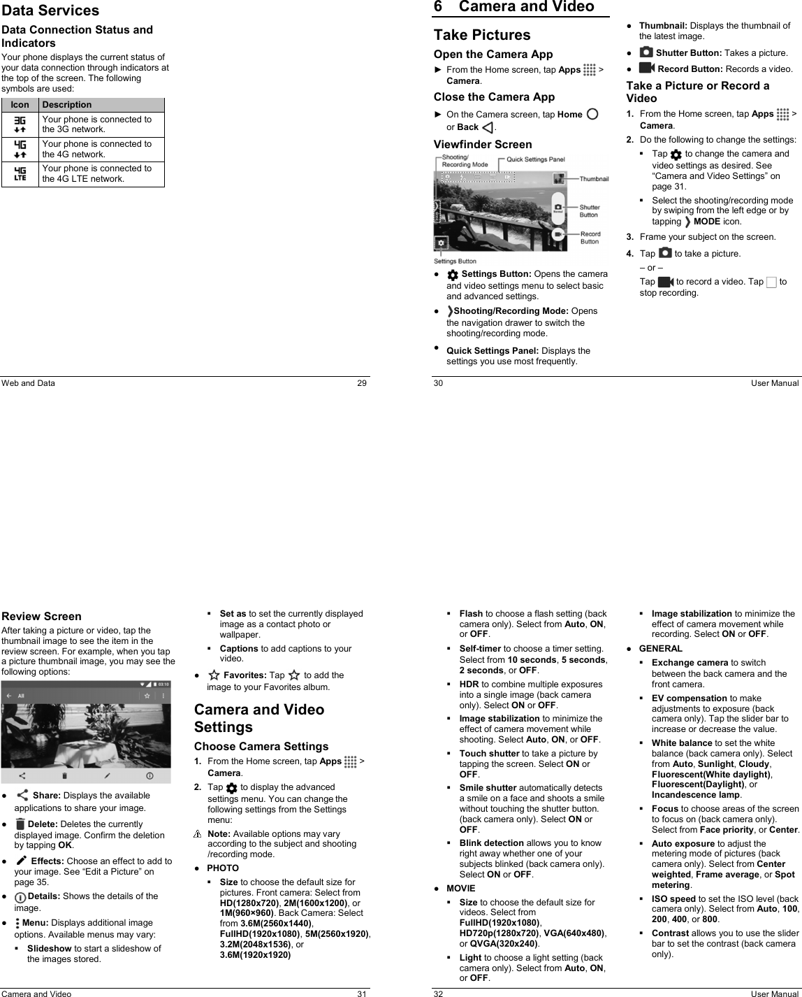   Web and Data  29 Data Services Data Connection Status and Indicators Your phone displays the current status of your data connection through indicators at the top of the screen. The following symbols are used: Icon Description   Your phone is connected to the 3G network.   Your phone is connected to the 4G network.  Your phone is connected to the 4G LTE network.   30  User Manual 6  Camera and VideoTake Pictures Open the Camera App ►  From the Home screen, tap Apps   &gt; Camera. Close the Camera App ►  On the Camera screen, tap Home    or Back  . Viewfinder Screen  ●   Settings Button: Opens the camera and video settings menu to select basic and advanced settings. ●  Shooting/Recording Mode: Opens the navigation drawer to switch the shooting/recording mode. ●  Quick Settings Panel: Displays the settings you use most frequently. ●  Thumbnail: Displays the thumbnail of the latest image. ●   Shutter Button: Takes a picture. ●   Record Button: Records a video. Take a Picture or Record a Video 1.  From the Home screen, tap Apps   &gt; Camera. 2.  Do the following to change the settings:   Tap   to change the camera and video settings as desired. See “Camera and Video Settings” on page 31.    Select the shooting/recording mode by swiping from the left edge or by tapping   MODE icon. 3.  Frame your subject on the screen. 4.  Tap   to take a picture. – or – Tap   to record a video. Tap   to stop recording.   Camera and Video  31 Review Screen After taking a picture or video, tap the thumbnail image to see the item in the review screen. For example, when you tap a picture thumbnail image, you may see the following options:  ●   Share: Displays the available applications to share your image. ●   Delete: Deletes the currently displayed image. Confirm the deletion by tapping OK. ●   Effects: Choose an effect to add to your image. See “Edit a Picture” on page 35.  ●   Details: Shows the details of the image. ●   Menu: Displays additional image options. Available menus may vary:  Slideshow to start a slideshow of the images stored.  Set as to set the currently displayed image as a contact photo or wallpaper.  Captions to add captions to your video. ●   Favorites: Tap   to add the image to your Favorites album. Camera and Video Settings Choose Camera Settings  1.  From the Home screen, tap Apps   &gt; Camera.  2.  Tap   to display the advanced settings menu. You can change the following settings from the Settings menu:   Note: Available options may vary according to the subject and shooting /recording mode. ●  PHOTO  Size to choose the default size for pictures. Front camera: Select from HD(1280x720), 2M(1600x1200), or 1M(960×960). Back Camera: Select from 3.6M(2560x1440), FullHD(1920x1080), 5M(2560x1920), 3.2M(2048x1536), or 3.6M(1920x1920)   32  User Manual  Flash to choose a flash setting (back camera only). Select from Auto, ON, or OFF.  Self-timer to choose a timer setting. Select from 10 seconds, 5 seconds, 2 seconds, or OFF.  HDR to combine multiple exposures into a single image (back camera only). Select ON or OFF.  Image stabilization to minimize the effect of camera movement while shooting. Select Auto, ON, or OFF.  Touch shutter to take a picture by tapping the screen. Select ON or OFF.  Smile shutter automatically detects a smile on a face and shoots a smile without touching the shutter button. (back camera only). Select ON or OFF.   Blink detection allows you to know right away whether one of your subjects blinked (back camera only). Select ON or OFF. ●  MOVIE  Size to choose the default size for videos. Select from FullHD(1920x1080), HD720p(1280x720), VGA(640x480), or QVGA(320x240).  Light to choose a light setting (back camera only). Select from Auto, ON, or OFF.  Image stabilization to minimize the effect of camera movement while recording. Select ON or OFF. ●  GENERAL  Exchange camera to switch between the back camera and the front camera.  EV compensation to make adjustments to exposure (back camera only). Tap the slider bar to increase or decrease the value.  White balance to set the white balance (back camera only). Select from Auto, Sunlight, Cloudy, Fluorescent(White daylight), Fluorescent(Daylight), or Incandescence lamp.  Focus to choose areas of the screen to focus on (back camera only). Select from Face priority, or Center.  Auto exposure to adjust the metering mode of pictures (back camera only). Select from Center weighted, Frame average, or Spot metering.  ISO speed to set the ISO level (back camera only). Select from Auto, 100, 200, 400, or 800.  Contrast allows you to use the slider bar to set the contrast (back camera only). 