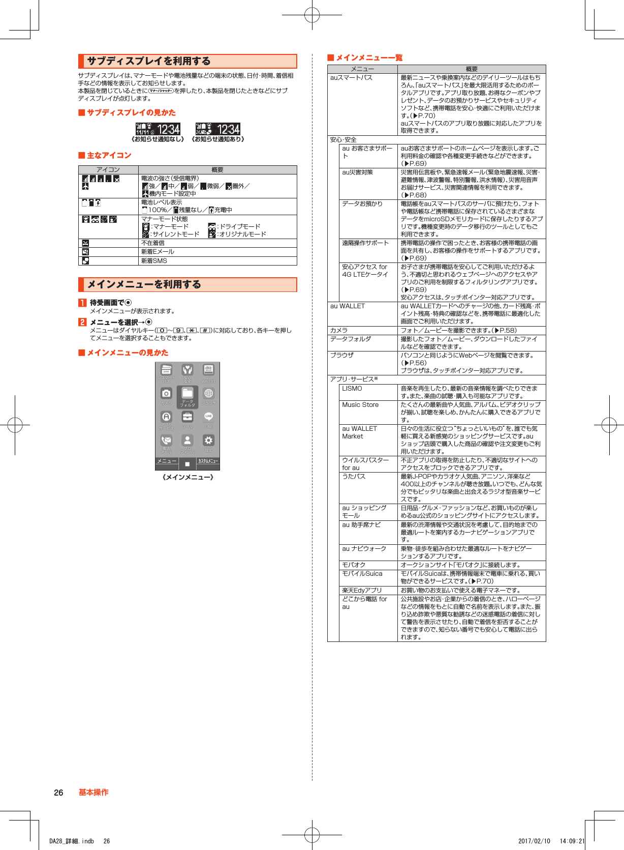 サブディスプレイを利用するサブディスプレイは、マナーモードや電池残量などの端末の状態、日付・時間、着信相手などの情報を表示してお知らせします。本製品を閉じているときにvを押したり、本製品を閉じたときなどにサブディスプレイが点灯します。■■サブディスプレイの見かた《お知らせ通知あり》《お知らせ通知なし》■■主なアイコンアイコン 概要電波の強さ（受信電界）強／ 中／ 弱／ 微弱／ 圏外／ 機内モード設定中電池レベル表示100％／ 残量なし／ 充電中マナーモード状態：マナーモード  ：ドライブモード：サイレントモード ：オリジナルモード不在着信新着Eメール新着SMSメインメニューを利用する1■待受画面でkメインメニューが表示されます。2■メニューを選択→kメニューはダイヤルキー（0～9、-、^）に対応しており、各キーを押してメニューを選択することもできます。■■メインメニューの見かた《メインメニュー》■■メインメニュー一覧メニュー 概要auスマートパス 最新ニュースや乗換案内などのデイリーツールはもちろん、「auスマートパス」を最大限活用するためのポータルアプリです。アプリ取り放題、お得なクーポンやプレゼント、データのお預かりサービスやセキュリティソフトなど、携帯電話を安心・快適にご利用いただけます。（▶P. 70）auスマートパスのアプリ取り放題に対応したアプリを取得できます。安 心・安 全au お客さまサポートauお客さまサポートのホームページを表示します。ご利用料金の確認や各種変更手続きなどができます。（▶P. 69）au災害対策 災害用伝言板や、緊急速報メール（緊急地震速報、災害・避難情報、津波警報、特別警報、洪水情報）、災害用音声お届けサービス、災害関連情報を利用できます。（▶P. 68）データお預かり 電話帳をauスマートパスのサーバに預けたり、フォトや電話帳など携帯電話に保存されているさまざまなデータをmicroSDメモリカードに保存したりするアプリです。機種変更時のデータ移行のツールとしてもご利用できます。遠隔操作サポート 携帯電話の操作で困ったとき、お客様の携帯電話の画面を共有し、お客様の操作をサポートするアプリです。（▶P. 69）安心アクセス for 4G LTEケータイお子さまが携帯電話を安心してご利用いただけるよう、不適切と思われるウェブページへのアクセスやアプリのご利用を制限するフィルタリングアプリです。（▶P. 69）安心アクセスは、タッチポインター対応アプリです。au WALLET au WALLETカードへのチャージの他、カード残高・ポイント残高・特典の確認などを、携帯電話に最適化した画面でご利用いただけます。カメラ フォト／ムービーを撮影できます。（▶P. 58）データフォルダ 撮影したフォト／ムービー、ダウンロードしたファイルなどを確認できます。ブラウザ パソコンと同じようにWebページを閲覧できます。（▶P. 56）ブラウザは、タッチポインター対応アプリです。アプリ・サービス※LISMO 音楽を再生したり、最新の音楽情報を調べたりできます。また、楽曲の試聴・購入も可能なアプリです。Music Store たくさんの最新曲や人気曲、アルバム、ビデオクリップが揃い、試聴を楽しめ、かんたんに購入できるアプリです。au WALLET Market日々の生活に役立つ“ちょっといいもの”を、誰でも気軽に買える新感覚のショッピングサービスです。auショップ店頭で購入した商品の確認や注文変更もご利用いただけます。ウイルスバスター for au不正アプリの取得を防止したり、不適切なサイトへのアクセスをブロックできるアプリです。うたパス 最新J-POPやカラオケ人気曲、アニソン、洋楽など400以上のチャンネルが聴き放題。いつでも、どんな気分でもピッタリな楽曲と出会えるラジオ型音楽サービスです。au ショッピングモール日用品・グルメ・ファッションなど、お買いものが楽しめるau公式のショッピングサイトにアクセスします。au 助手席ナビ 最新の渋滞情報や交通状況を考慮して、目的地までの最適ルートを案内するカーナビゲーションアプリです。au ナビウォーク 乗物・徒歩を組み合わせた最適なルートをナビゲーションするアプリです。モバオク オークションサイト「モバオク」に接続します。モバイルSuica モバイルSuicaは、携帯情報端末で電車に乗れる、買い物ができるサービスです。（▶P. 70）楽天Edyアプリ お買い物のお支払いで使える電子マネーです。どこから電話 for au公共施設やお店・企業からの着信のとき、ハローページなどの情報をもとに自動で名前を表示します。また、振り込め詐欺や悪質な勧誘などの迷惑電話の着信に対して警告を表示させたり、自動で着信を拒否することができますので、知らない番号でも安心して電話に出られます。26 基本操作DA28_詳細.indb   26 2017/02/10   14:09:21