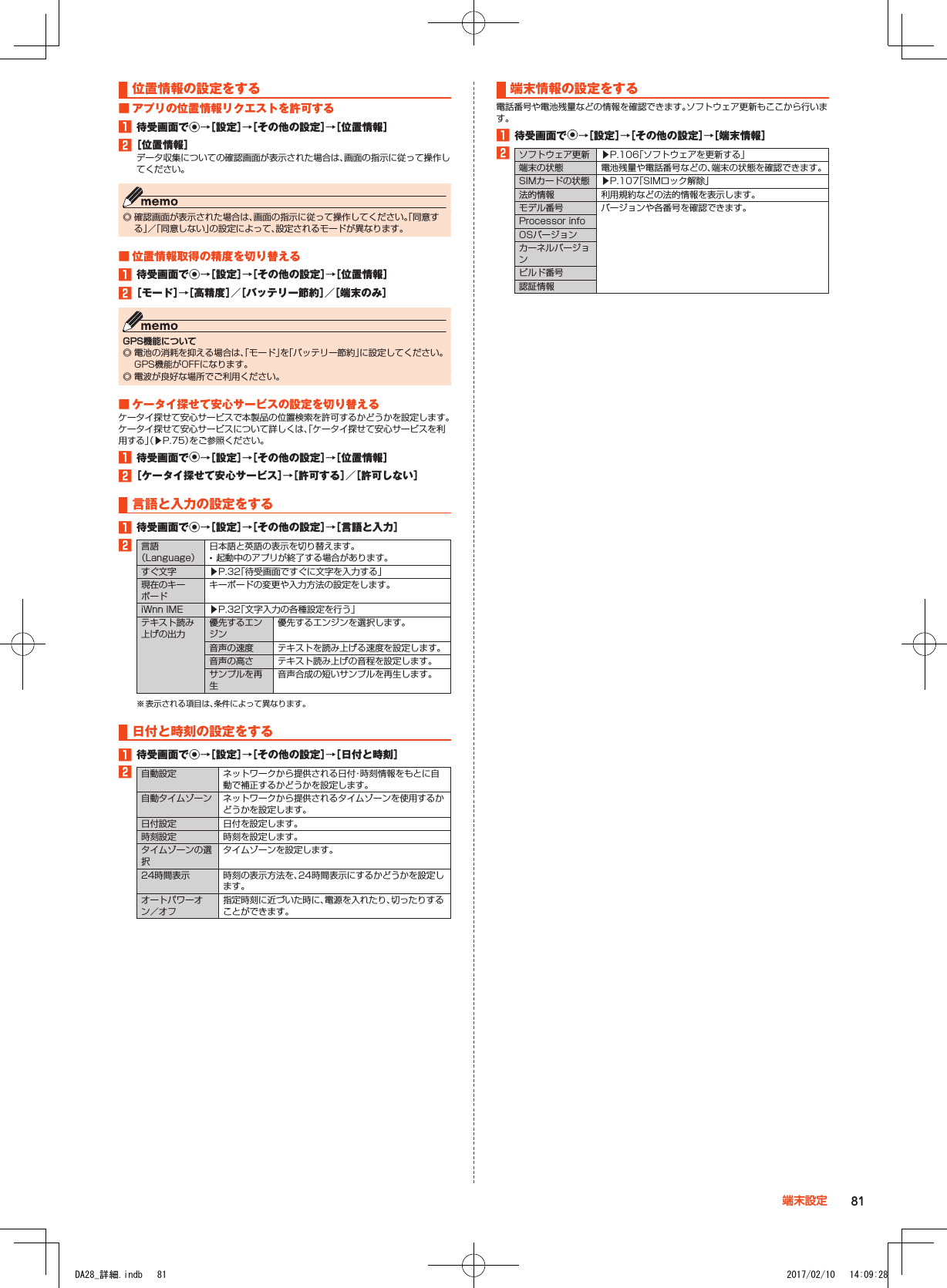 位置情報の設定をする■■アプリの位置情報リクエストを許可する1■待受画面でk→［設定］→［その他の設定］→［位置情報］2■［位置情報］データ収集についての確認画面が表示された場合は、画面の指示に従って操作してください。 ◎ 確認画面が表示された場合は、画面の指示に従って操作してください。「同意する」／「同意しない」の設定によって、設定されるモードが異なります。■■位置情報取得の精度を切り替える1■待受画面でk→［設定］→［その他の設定］→［位置情報］2■［モード］→［高精度］／［バッテリー節約］／［端末のみ］GPS機能について ◎ 電池の消耗を抑える場合は、「モード」を「バッテリー節約」に設定してください。GPS機能がOFFになります。 ◎ 電波が良好な場所でご利用ください。■■ケータイ探せて安心サービスの設定を切り替えるケータイ探せて安心サービスで本製品の位置検索を許可するかどうかを設定します。ケータイ探せて安心サービスについて詳しくは、「ケータイ探せて安心サービスを利用する」（▶P. 75）をご参照ください。1■待受画面でk→［設定］→［その他の設定］→［位置情報］2■［ケータイ探せて安心サービス］→［許可する］／［許可しない］言語と入力の設定をする1■待受画面でk→［設定］→［その他の設定］→［言語と入力］2言語（Language）日本語と英語の表示を切り替えます。 •起動中のアプリが終了する場合があります。すぐ文字 ▶P. 32「待受画面ですぐに文字を入力する」現在のキーボードキーボードの変更や入力方法の設定をします。iWnn IME ▶P. 32「文字入力の各種設定を行う」テキスト読み上げの出力優先するエンジン優先するエンジンを選択します。音声の速度 テキストを読み上げる速度を設定します。音声の高さ テキスト読み上げの音程を設定します。サンプルを再生音声合成の短いサンプルを再生します。※ 表示される項目は、条件によって異なります。日付と時刻の設定をする1■待受画面でk→［設定］→［その他の設定］→［日付と時刻］2自動設定 ネットワークから提供される日付・時刻情報をもとに自動で補正するかどうかを設定します。自動タイムゾーン ネットワークから提供されるタイムゾーンを使用するかどうかを設定します。日付設定 日付を設定します。時刻設定 時刻を設定します。タイムゾーンの選択タイムゾーンを設定します。24時間表示 時刻の表示方法を、24時間表示にするかどうかを設定します。オートパワーオン／オフ指定時刻に近づいた時に、電源を入れたり、切ったりすることができます。端末情報の設定をする電話番号や電池残量などの情報を確認できます。ソフトウェア更新もここから行います。1■待受画面でk→［設定］→［その他の設定］→［端末情報］2ソフトウェア更新 ▶P. 106「ソフトウェアを更新する」端末の状態 電池残量や電話番号などの、端末の状態を確認できます。SIMカードの状態 ▶P. 107「SIMロック解除」法的情報 利用規約などの法的情報を表示します。モデル番号 バージョンや各番号を確認できます。Processor infoOSバージョンカーネルバージョンビルド番号認証情報81端末設定DA28_詳細.indb   81 2017/02/10   14:09:28