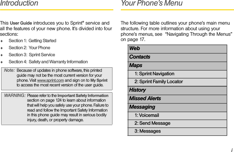 iIntroductionThis User Guide introduces you to Sprint® service and all the features of your new phone. It’s divided into four sections:ࡗSection 1:  Getting StartedࡗSection 2:  Your PhoneࡗSection 3:  Sprint ServiceࡗSection 4:  Safety and Warranty InformationYour Phone’s MenuThe following table outlines your phone’s main menu structure. For more information about using your phone’s menus, see  “Navigating Through the Menus” on page 17.Note: Because of updates in phone software, this printed guide may not be the most current version for your phone. Visit www.sprint.com and sign on to My Sprint to access the most recent version of the user guide. WARNING: Please refer to the Important Safety Information section on page 124 to learn about information that will help you safely use your phone. Failure to read and follow the Important Safety Information in this phone guide may result in serious bodily injury, death, or property damage.WebContactsMaps1: Sprint Navigation2: Sprint Family LocatorHistoryMissed AlertsMessaging1: Voicemail2: Send Message3: Messages