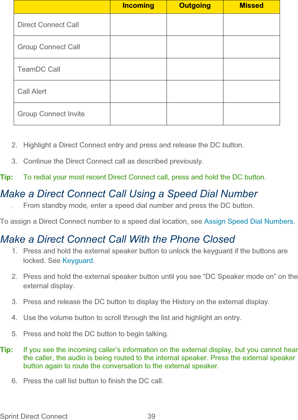 Sprint Direct Connect  39   Incoming Outgoing MissedDirect Connect Call       Group Connect Call       TeamDC Call     Call Alert     Group Connect Invite       2.  Highlight a Direct Connect entry and press and release the DC button. 3.  Continue the Direct Connect call as described previously. Tip:   To redial your most recent Direct Connect call, press and hold the DC button. Make a Direct Connect Call Using a Speed Dial Number ʇFrom standby mode, enter a speed dial number and press the DC button. To assign a Direct Connect number to a speed dial location, see Assign Speed Dial Numbers.Make a Direct Connect Call With the Phone Closed 1.  Press and hold the external speaker button to unlock the keyguard if the buttons are locked. See Keyguard.2.  Press and hold the external speaker button until you see “DC Speaker mode on” on the external display. 3.  Press and release the DC button to display the History on the external display. 4.  Use the volume button to scroll through the list and highlight an entry. 5.  Press and hold the DC button to begin talking. Tip:   If you see the incoming caller’s information on the external display, but you cannot hear the caller, the audio is being routed to the internal speaker. Press the external speaker button again to route the conversation to the external speaker.  6.  Press the call list button to finish the DC call. 