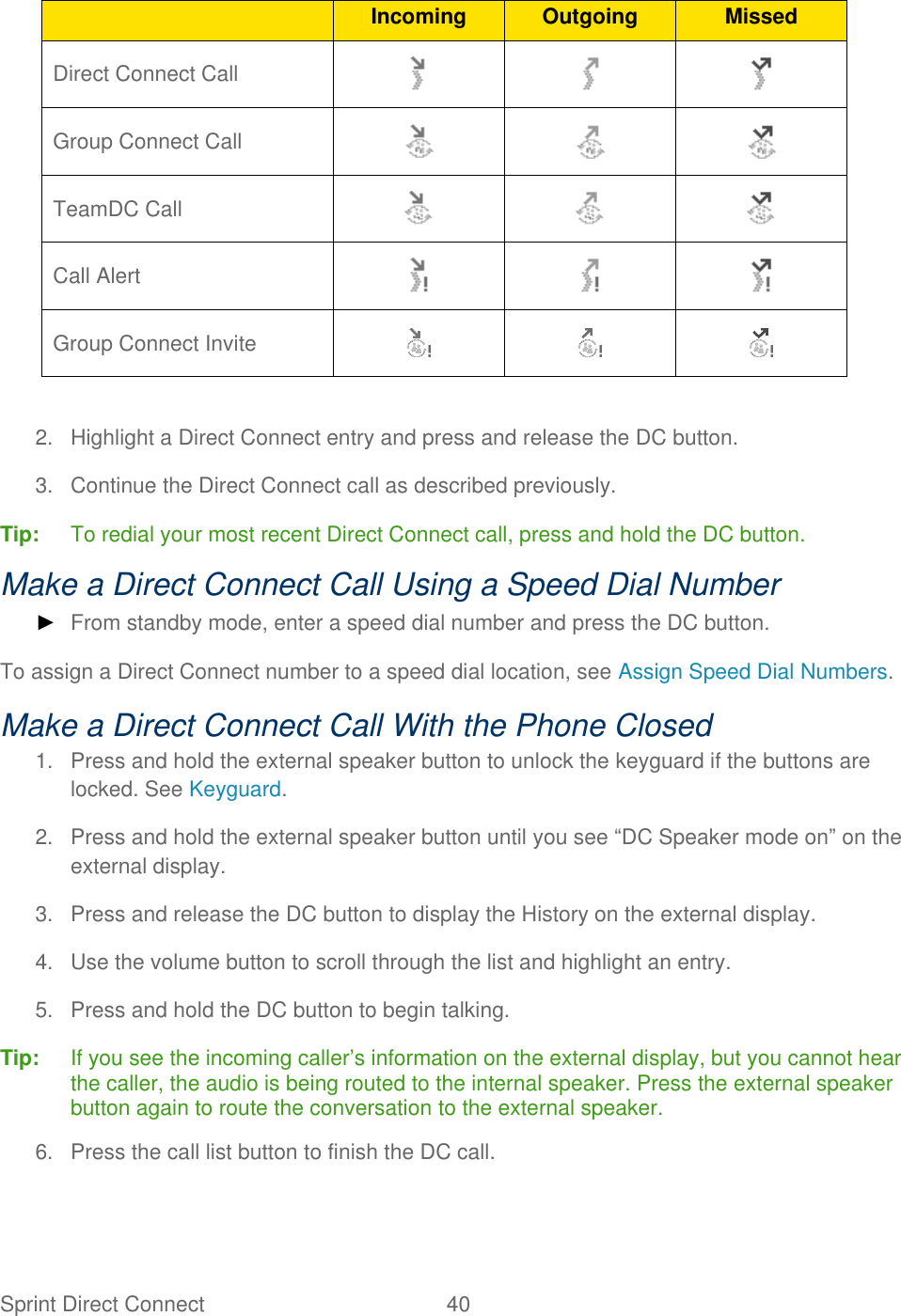  Sprint Direct Connect  40    Incoming Outgoing Missed Direct Connect Call    Group Connect Call    TeamDC Call    Call Alert    Group Connect Invite     2.  Highlight a Direct Connect entry and press and release the DC button. 3.  Continue the Direct Connect call as described previously. Tip:   To redial your most recent Direct Connect call, press and hold the DC button. Make a Direct Connect Call Using a Speed Dial Number ► From standby mode, enter a speed dial number and press the DC button. To assign a Direct Connect number to a speed dial location, see Assign Speed Dial Numbers. Make a Direct Connect Call With the Phone Closed 1.  Press and hold the external speaker button to unlock the keyguard if the buttons are locked. See Keyguard. 2.  Press and hold the external speaker button until you see ―DC Speaker mode on‖ on the external display. 3.  Press and release the DC button to display the History on the external display. 4.  Use the volume button to scroll through the list and highlight an entry. 5.  Press and hold the DC button to begin talking. Tip:   If you see the incoming caller’s information on the external display, but you cannot hear the caller, the audio is being routed to the internal speaker. Press the external speaker button again to route the conversation to the external speaker.  6.  Press the call list button to finish the DC call. 