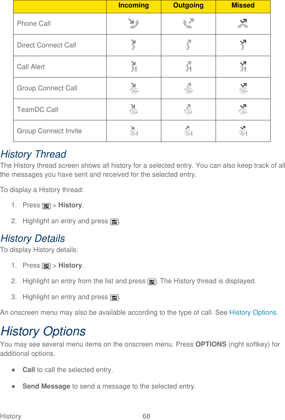  History   68    Incoming Outgoing Missed Phone Call    Direct Connect Call    Call Alert    Group Connect Call    TeamDC Call    Group Connect Invite    History Thread The History thread screen shows all history for a selected entry. You can also keep track of all the messages you have sent and received for the selected entry. To display a History thread: 1.  Press   &gt; History. 2.  Highlight an entry and press  . History Details To display History details: 1.  Press   &gt; History. 2.  Highlight an entry from the list and press  . The History thread is displayed. 3.  Highlight an entry and press  . An onscreen menu may also be available according to the type of call. See History Options. History Options You may see several menu items on the onscreen menu. Press OPTIONS (right softkey) for additional options. ● Call to call the selected entry. ● Send Message to send a message to the selected entry. 