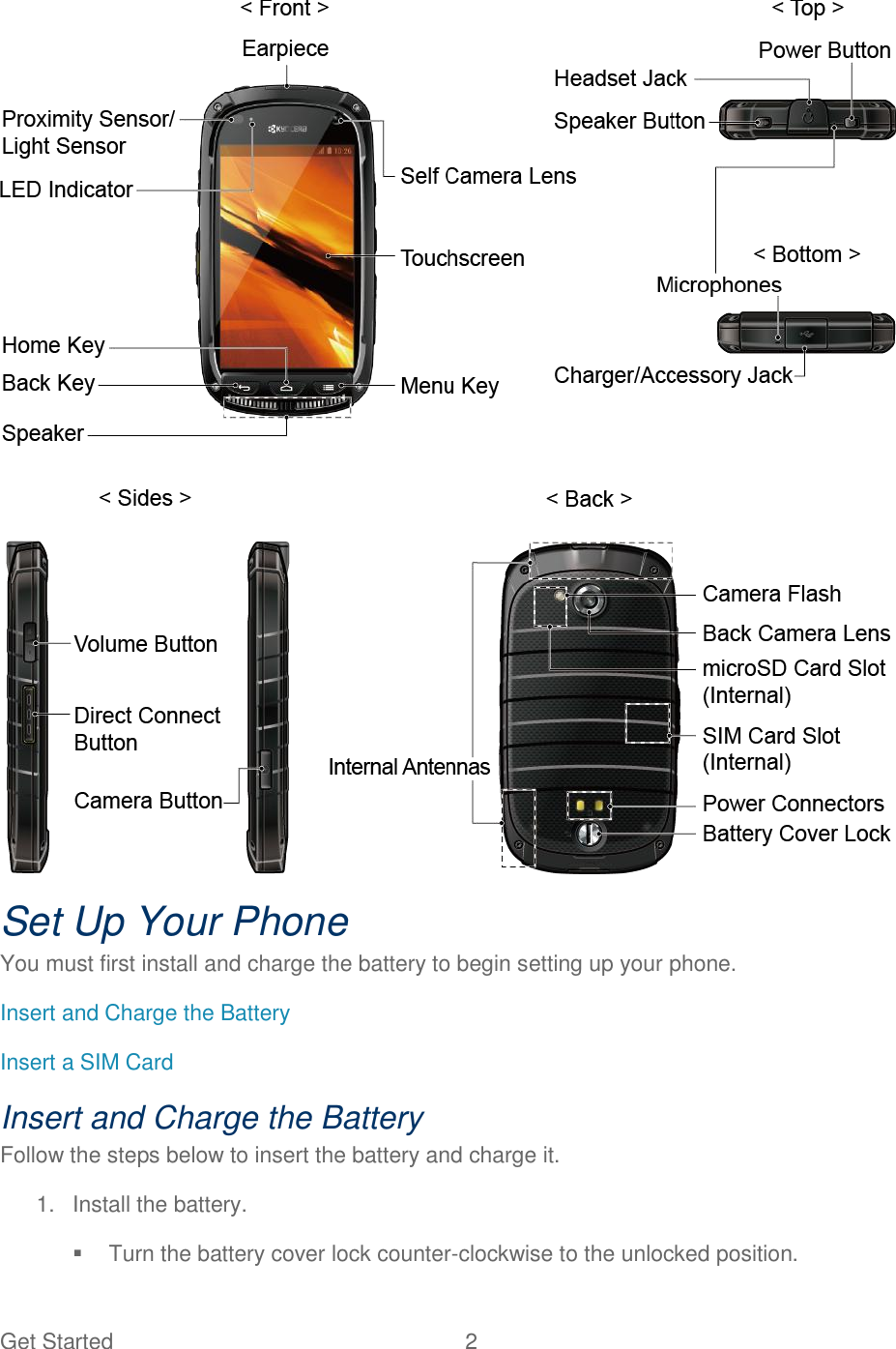 Get Started  2    Set Up Your Phone You must first install and charge the battery to begin setting up your phone. Insert and Charge the Battery Insert a SIM Card Insert and Charge the Battery Follow the steps below to insert the battery and charge it. 1.  Install the battery.   Turn the battery cover lock counter-clockwise to the unlocked position. 